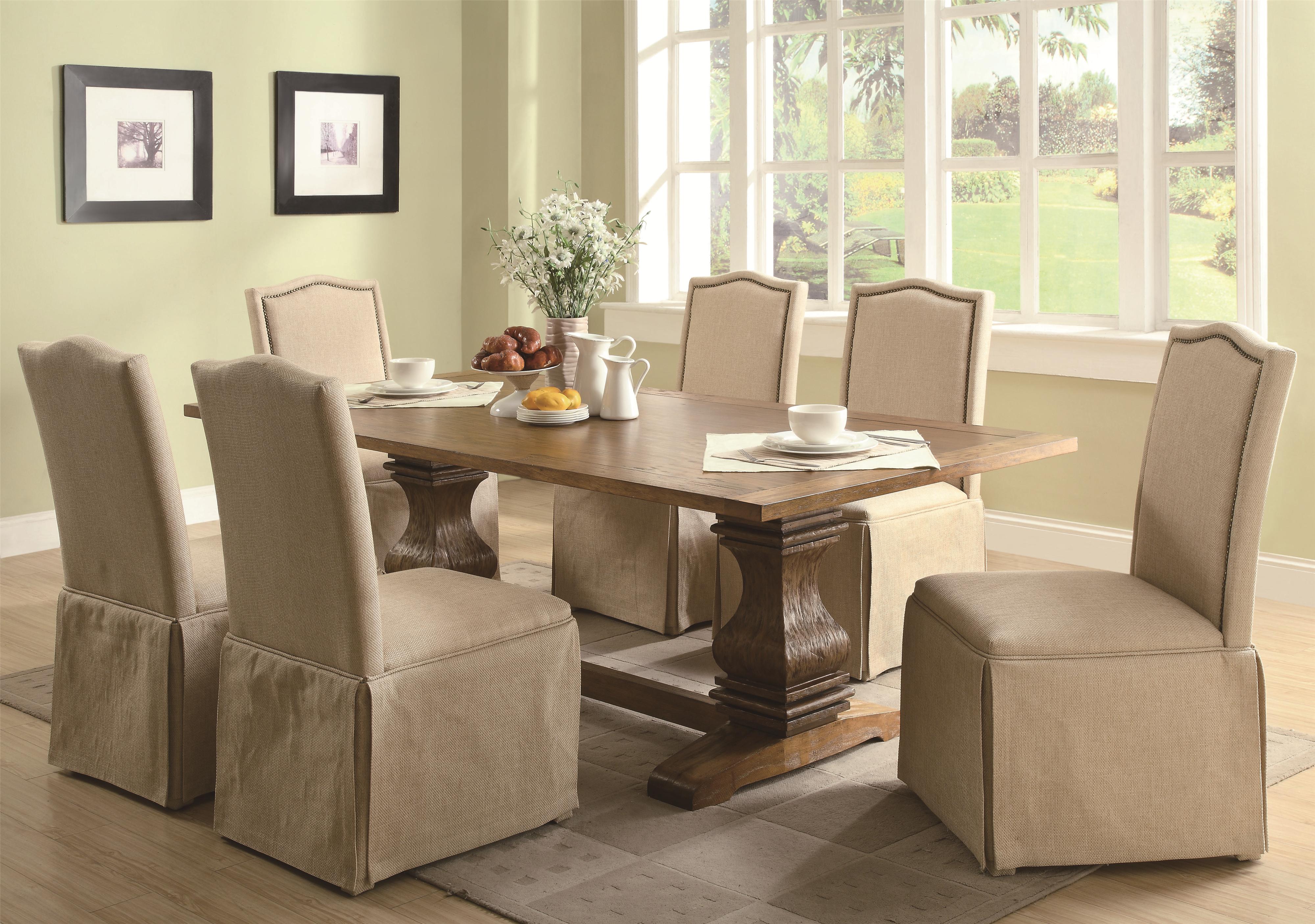 coaster parkins 7 piece dining table and parson skirted chair set coaster parkins 7 piece dining table and parson skirted chair set