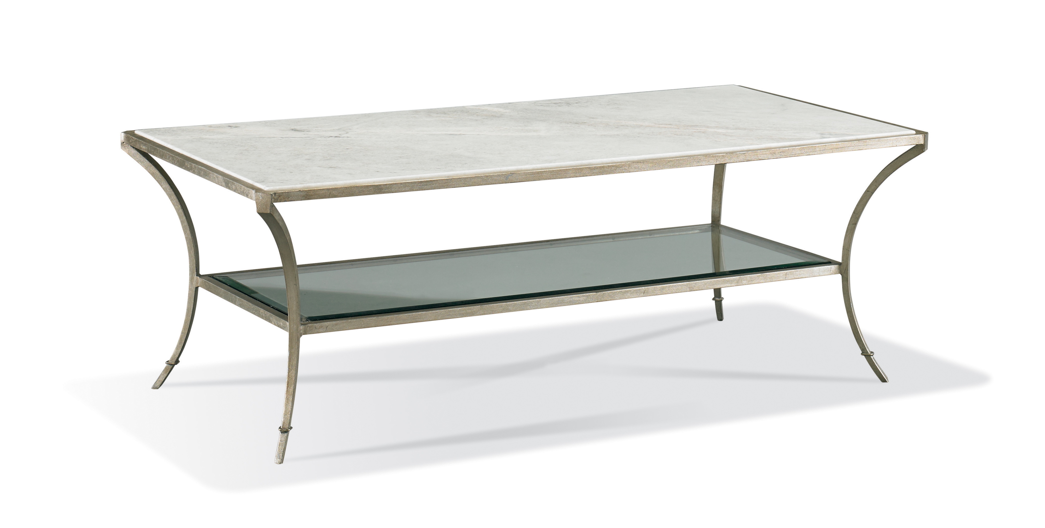 Marble-Top Cocktail Table w/Glass Mid-Shelf