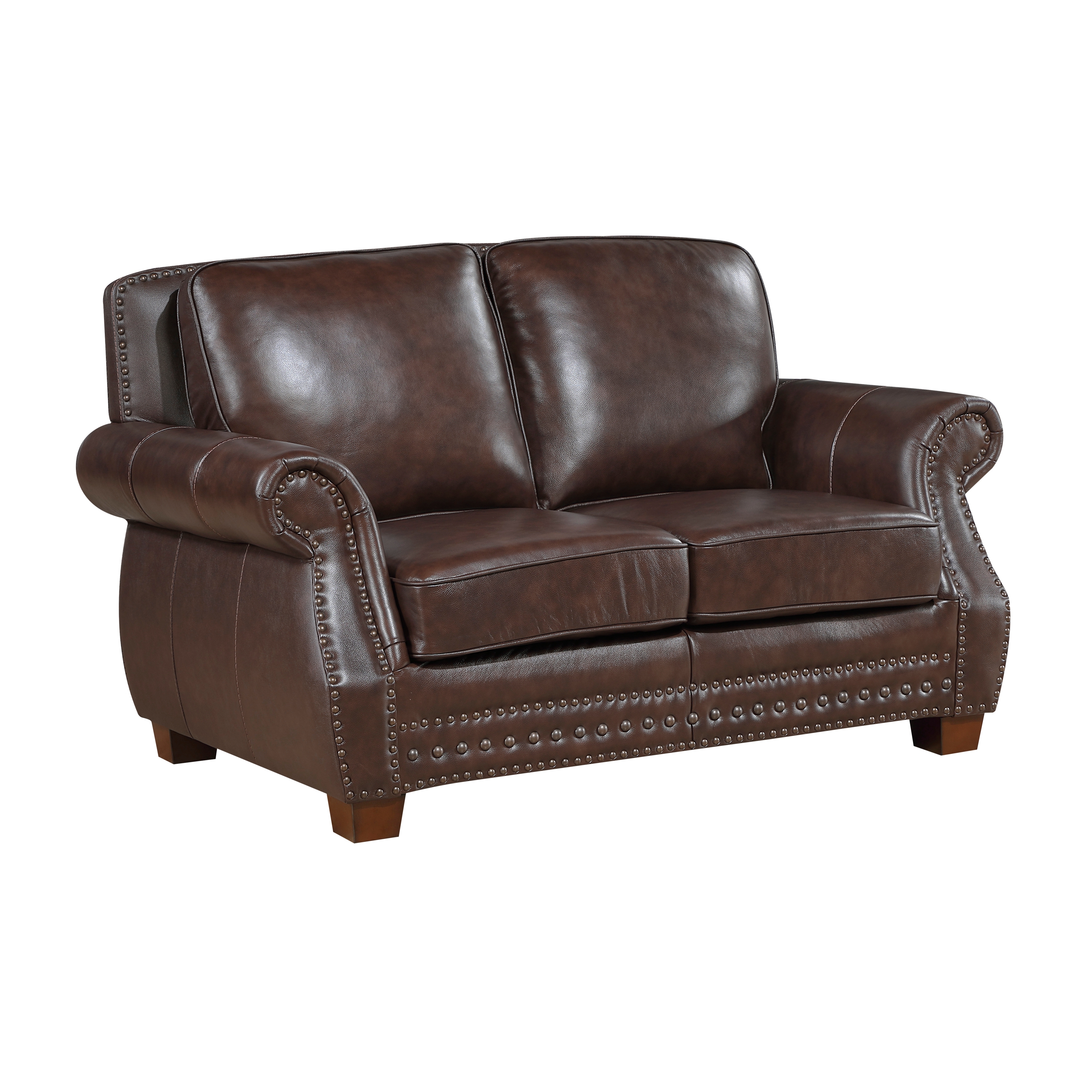Leather Rolled-Arm Loveseat w/Nailhead Trim