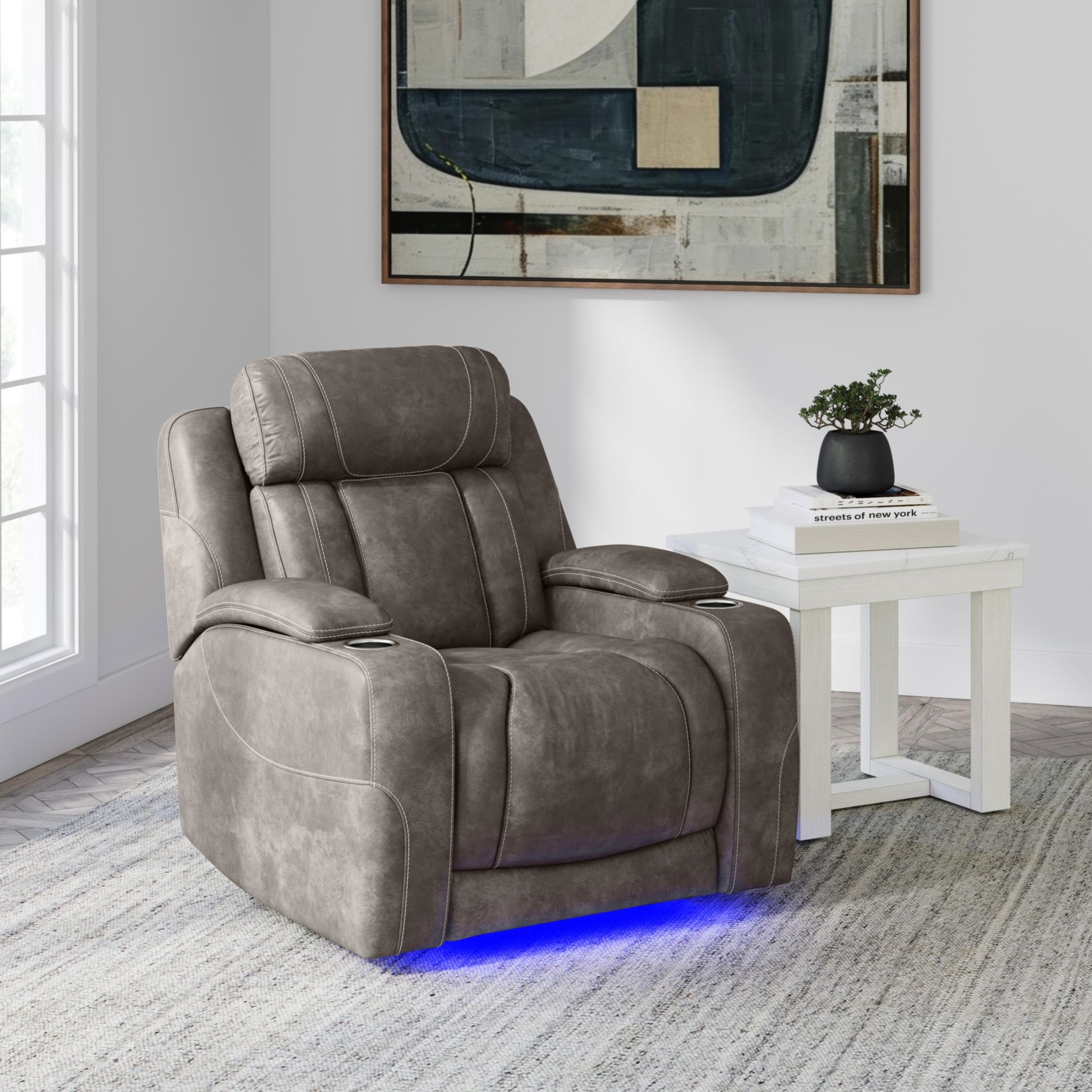 P3 Recliner With Led In Leather Gel Grey