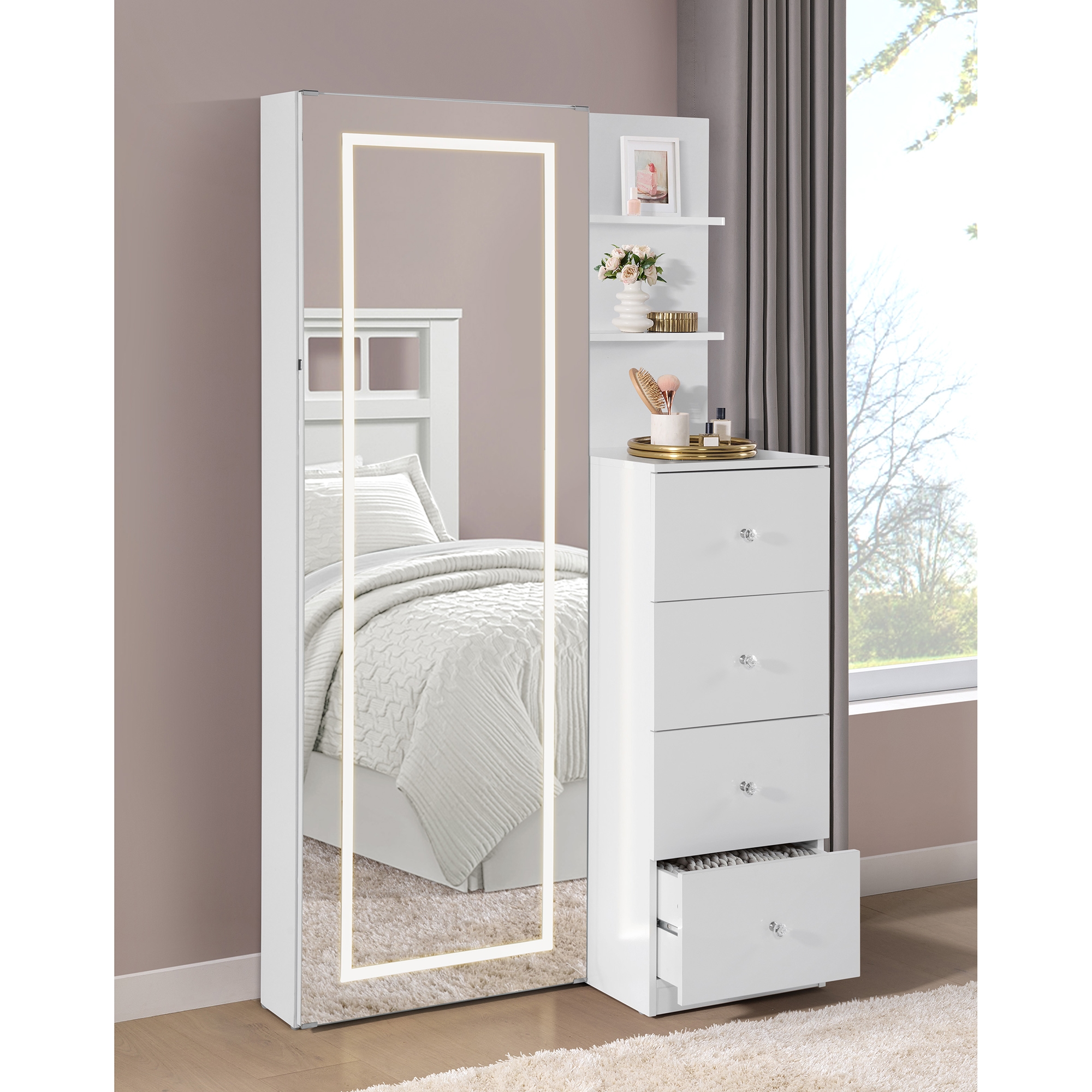 Floor Mirror With Storage In White