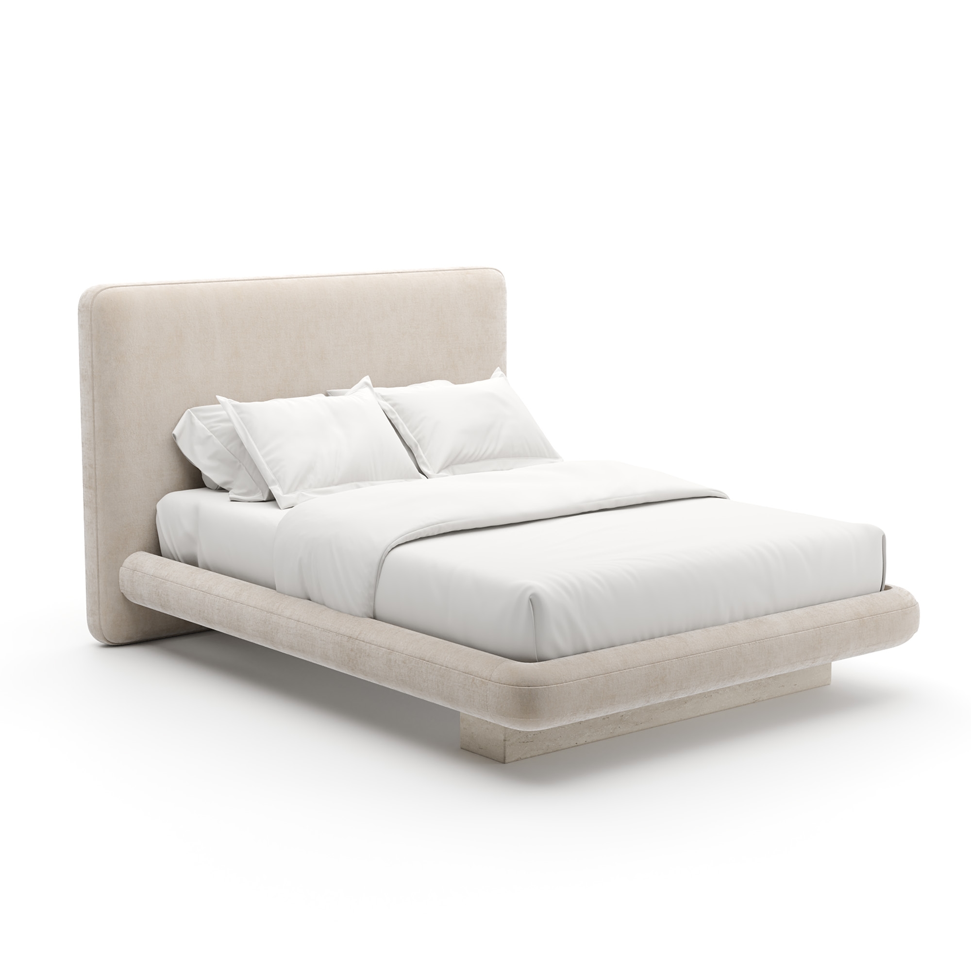 Fully-Upholstered Stone-Base Queen Bed