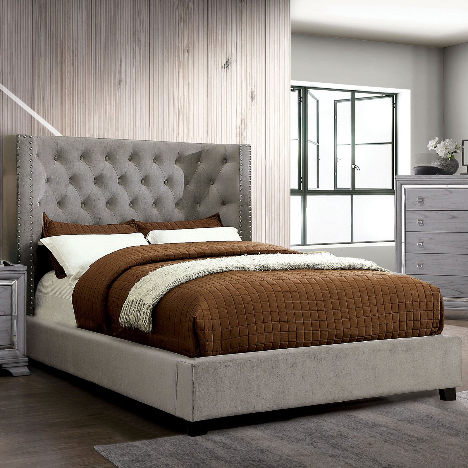Furniture of America Cayla CM7779GYEKBEDVN E.King Bed Corner Furniture Bed Upholstered Bed