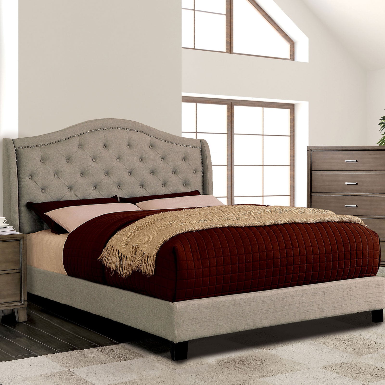 Furniture of America Carly CM7160CKBEDVN Cal.King Bed, Warm Gray