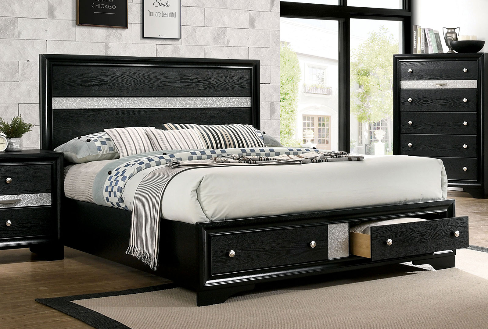 Furniture of America Chrissy CM7552BKEKBED Contemporary King Panel Bed with Footboard Storage