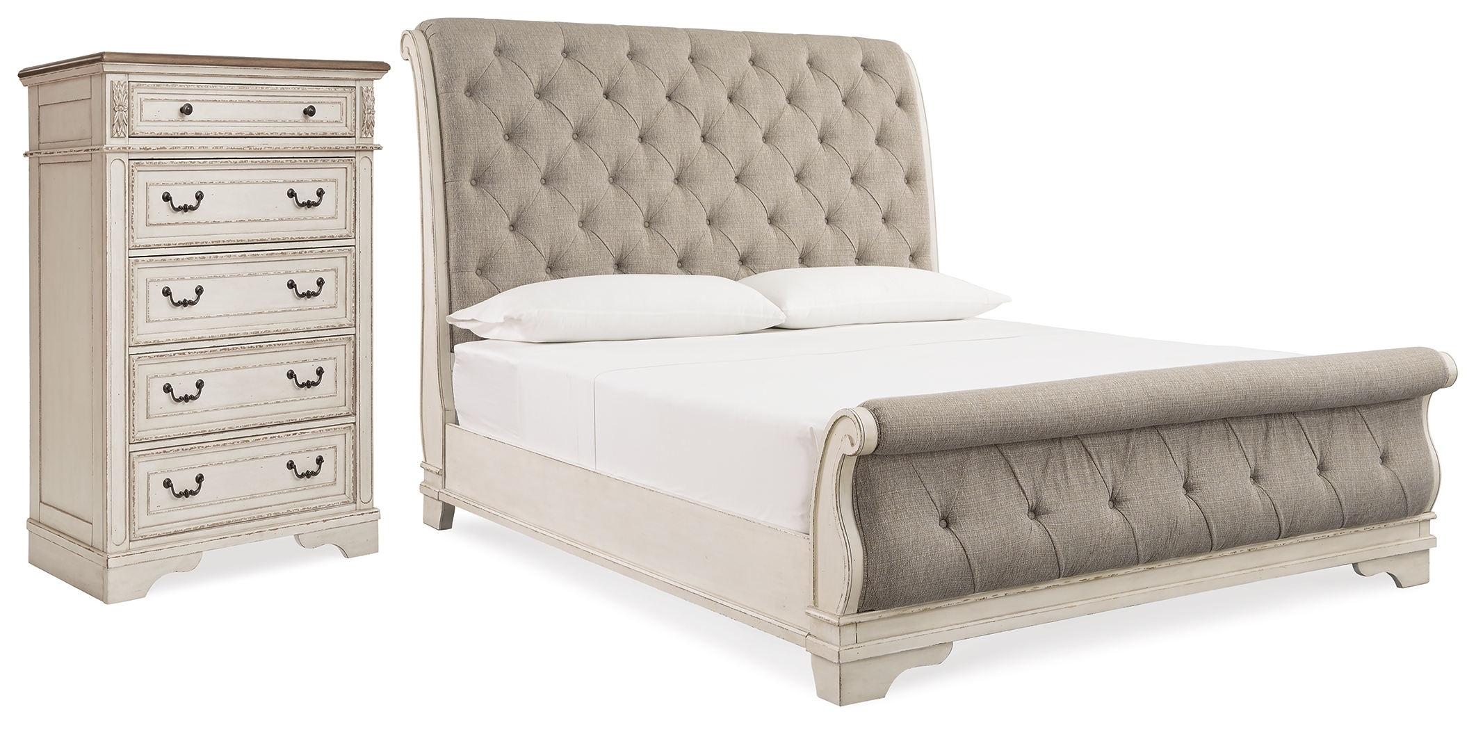 Queen Upholstered Sleigh Bed And Chest