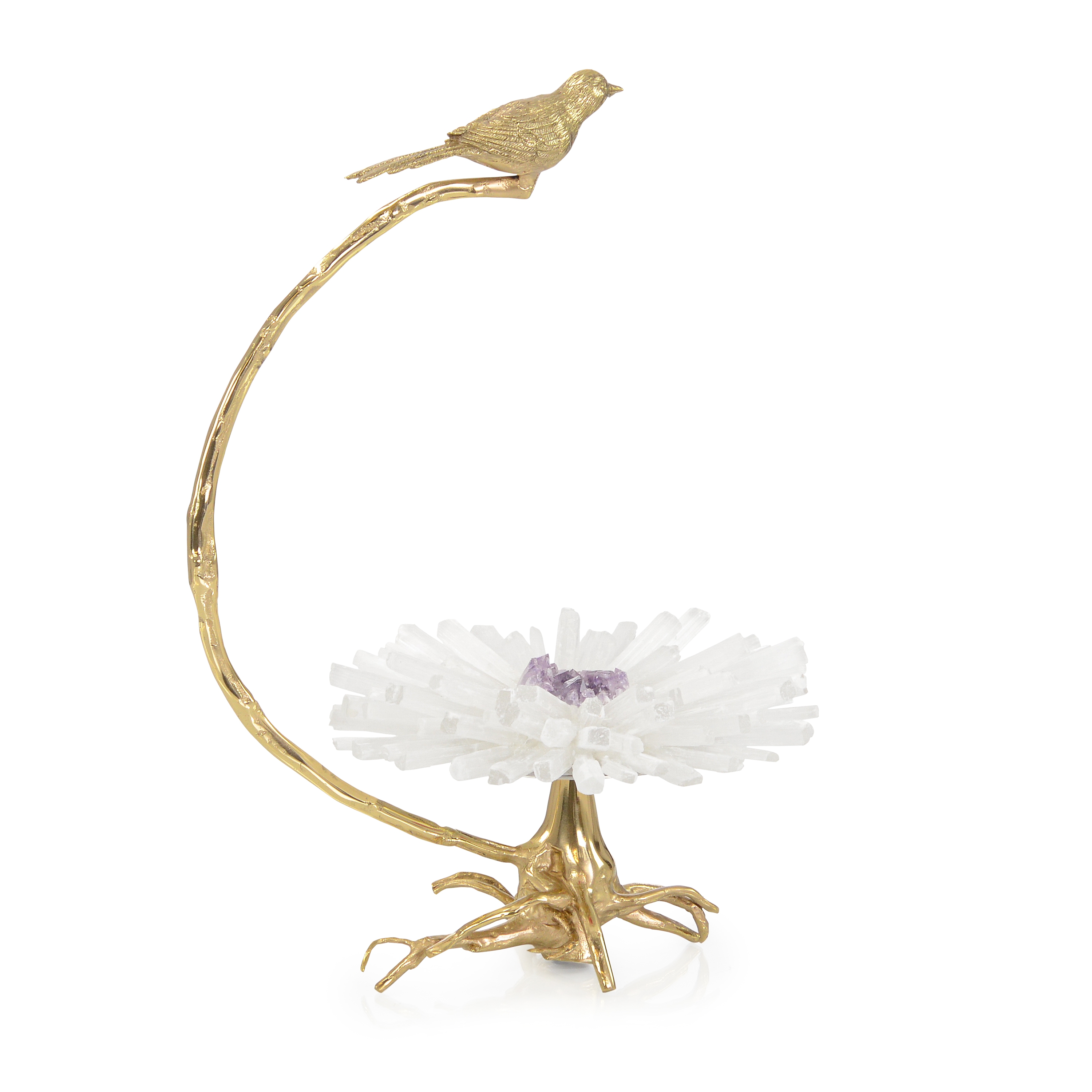 Brass Bird on Selenite Bloom Sculpture