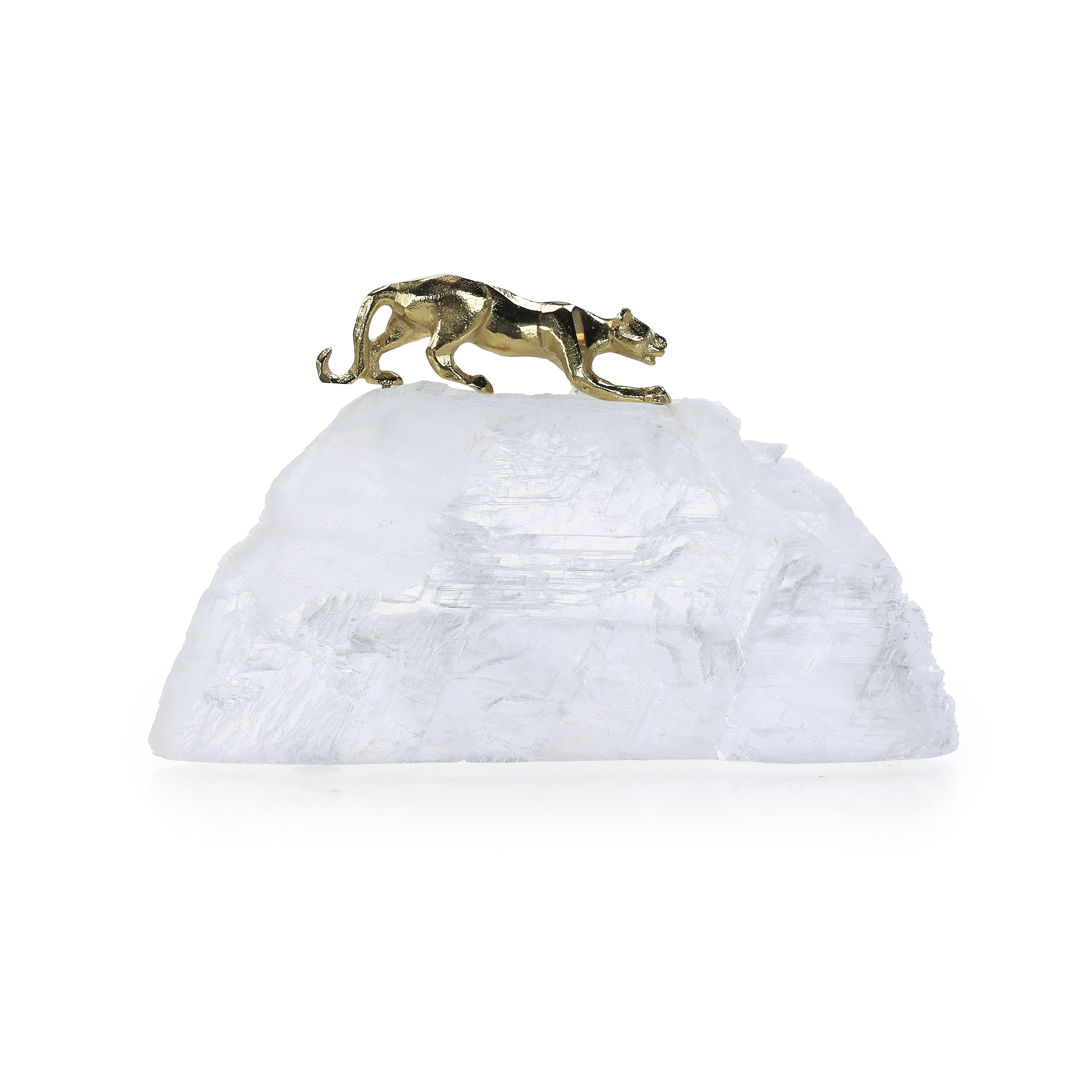 Prowling Brass Panther Sculpture on Selenite