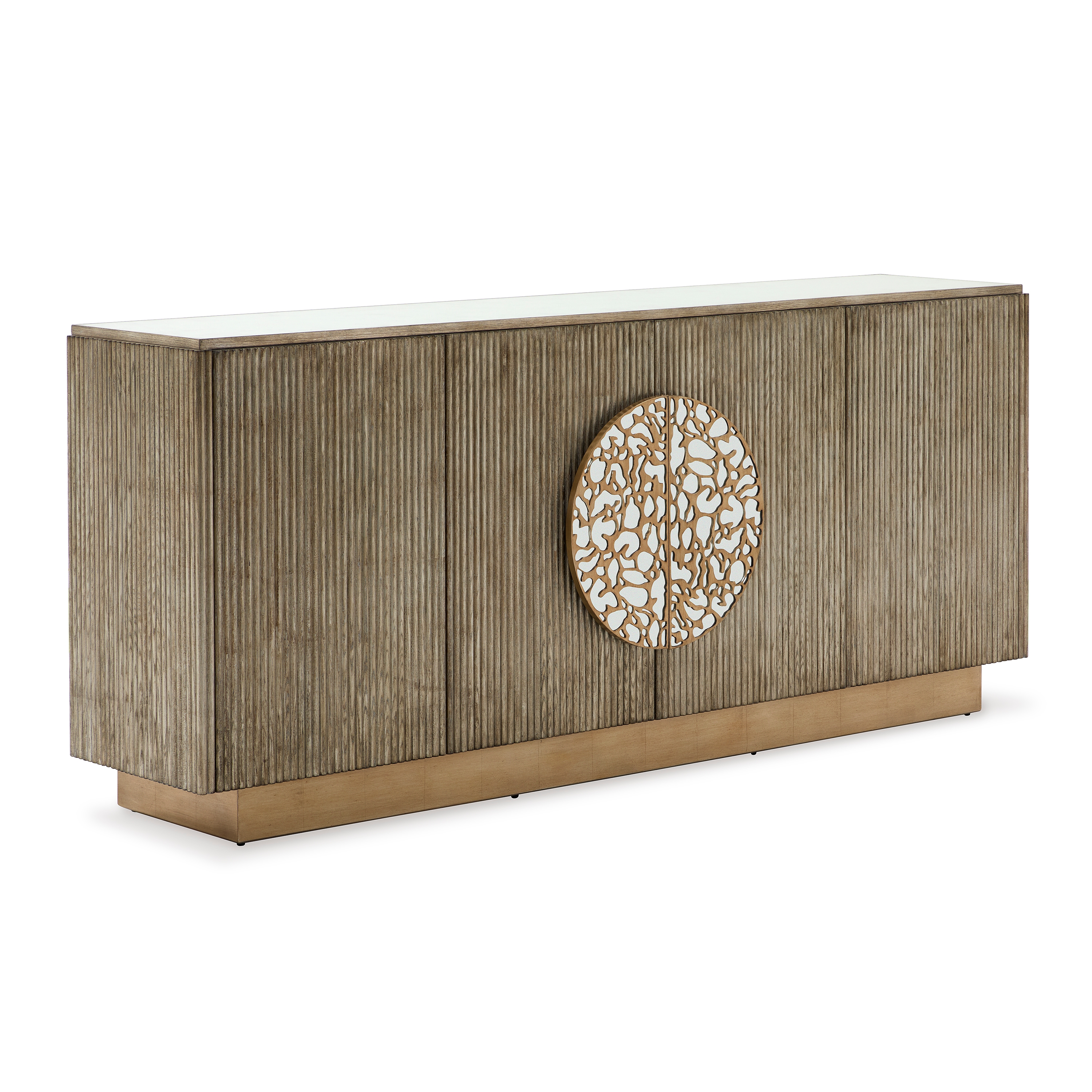 Modern Mirrored-Top 4-Door Fluted Credenza