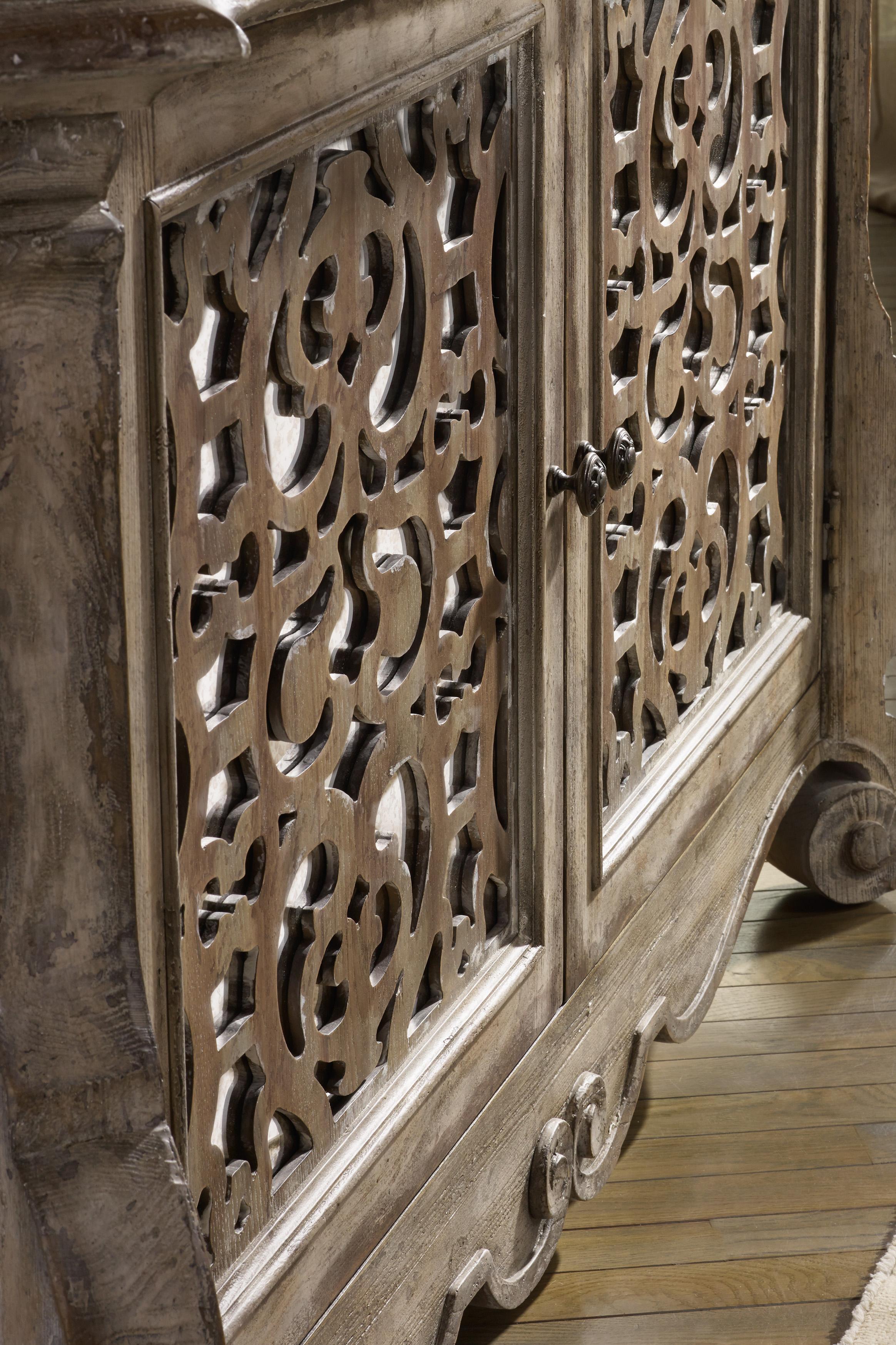 Boho-Inspired Fretwork Overlays on Select Doors and Drawers