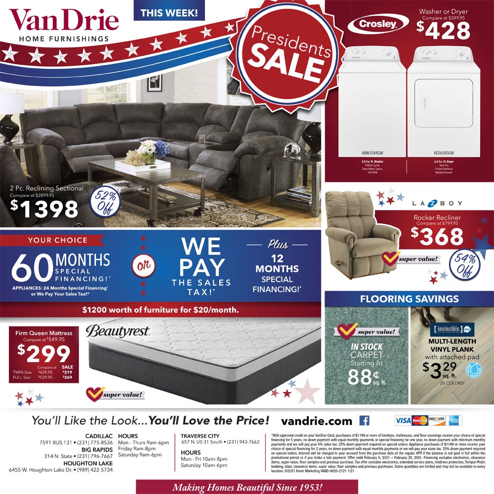 Michigan Furniture Sale VanDrie Home Furnishings Cadillac, Traverse