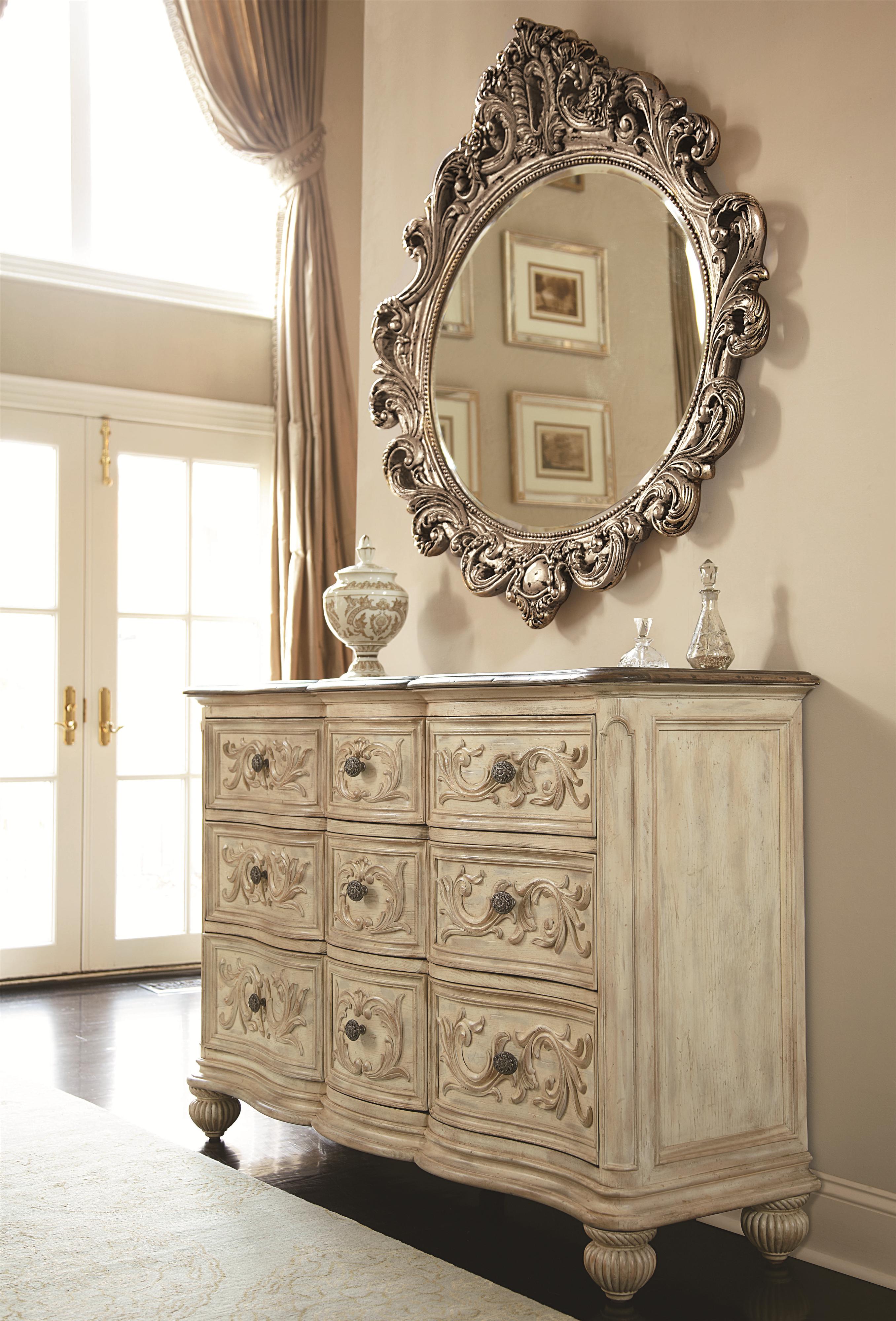 American Drew Jessica Mcclintock Home The Boutique Collection 9 Jessica Mcclintock Home The Boutique Collection 9 Drawer Dresser Oval Decorative Mirror By American Drew