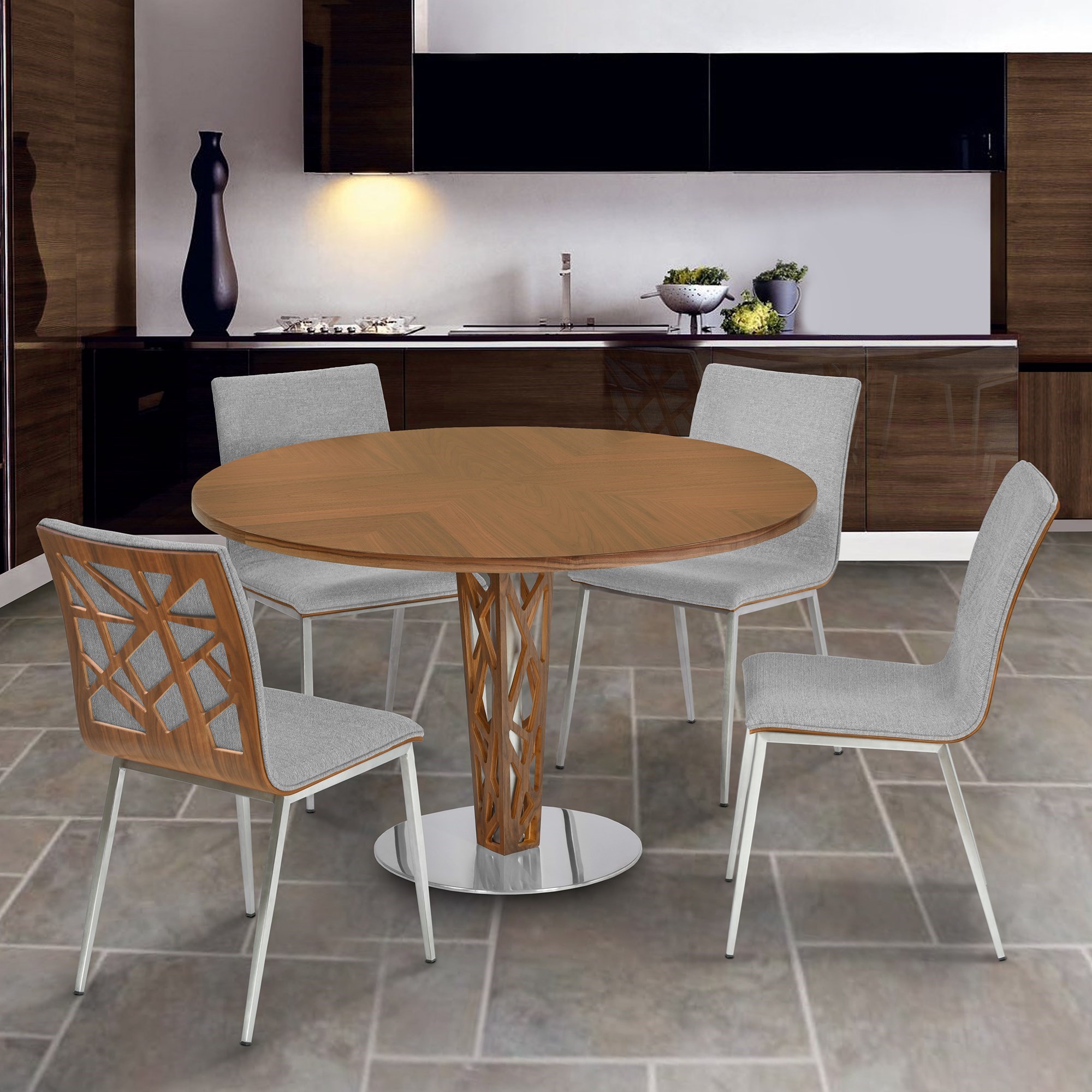 Crystal 48" Round Dining Table in Walnut Veneer Column and Brushed