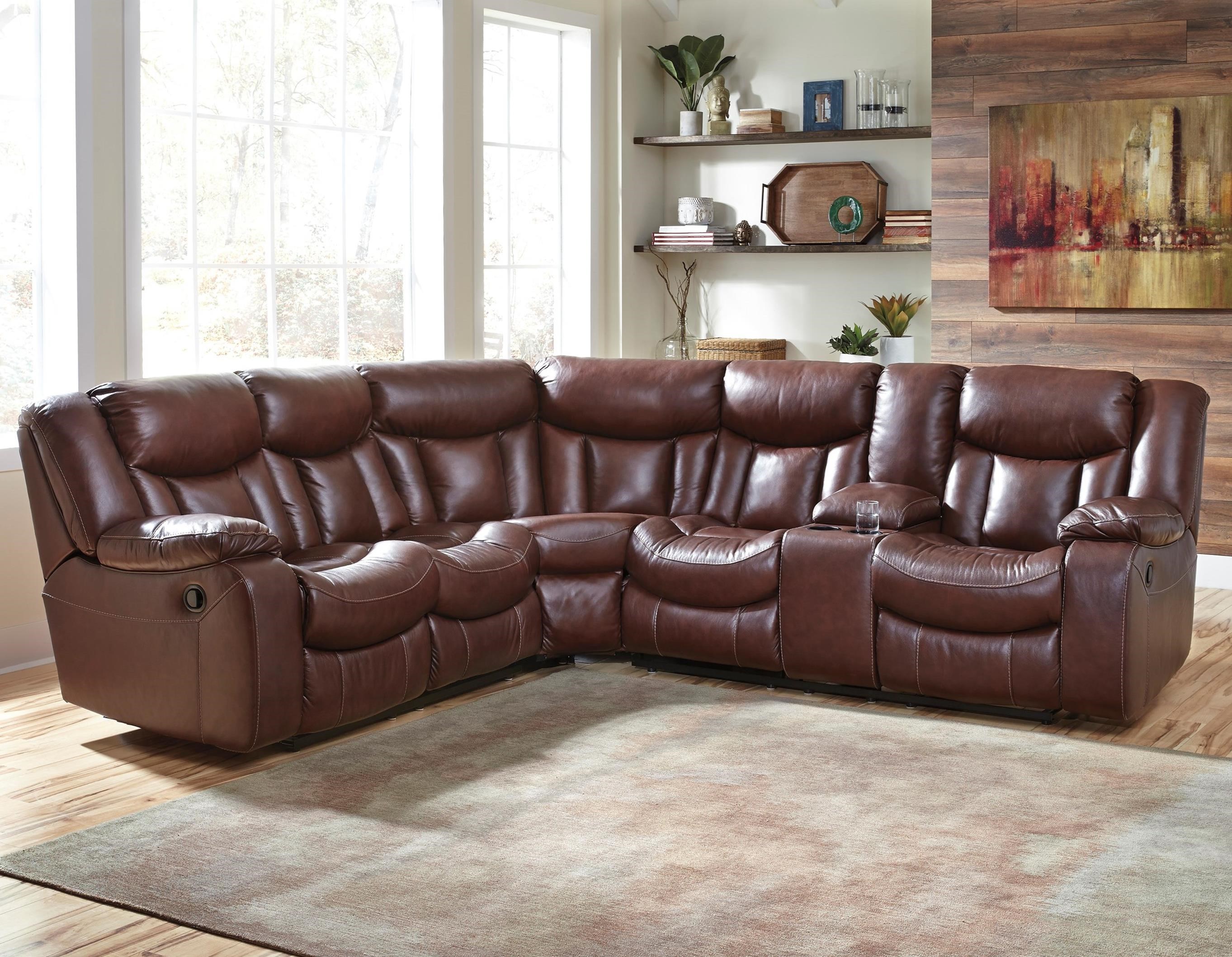 Benchcraft Amaroo Brown Leather Match 2 Piece Reclining Sectional