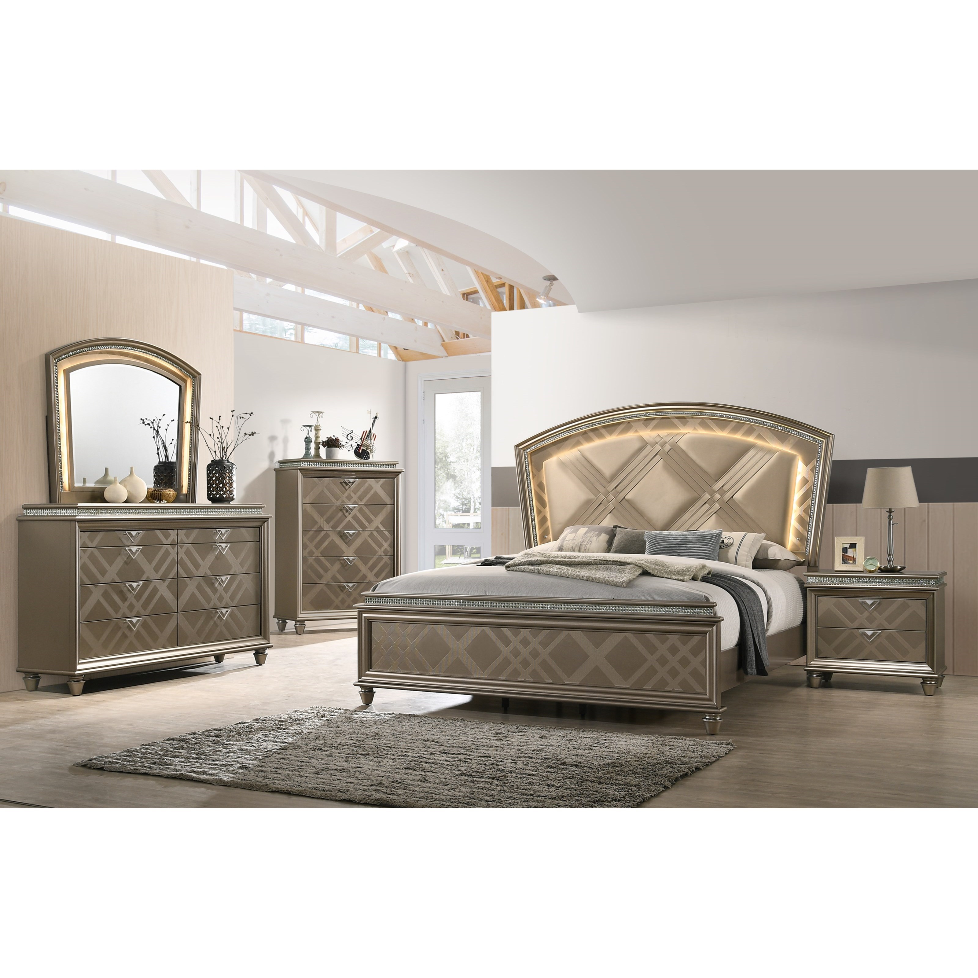 Crown Mark Cristal Glam Upholstered Queen Bed with Faux Crystals