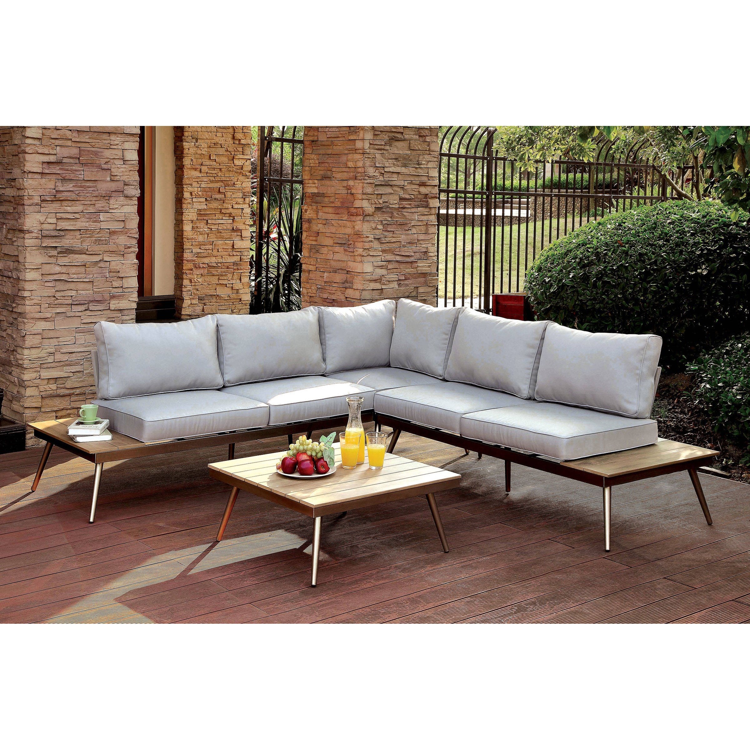 Furniture Of America Evita Cm Os2582 2lv Cnr 3 Piece Mid Century Modern Patio Sectional Sofa With Built In End Tables Corner Furniture Outdoor Sectional Sofa Groups