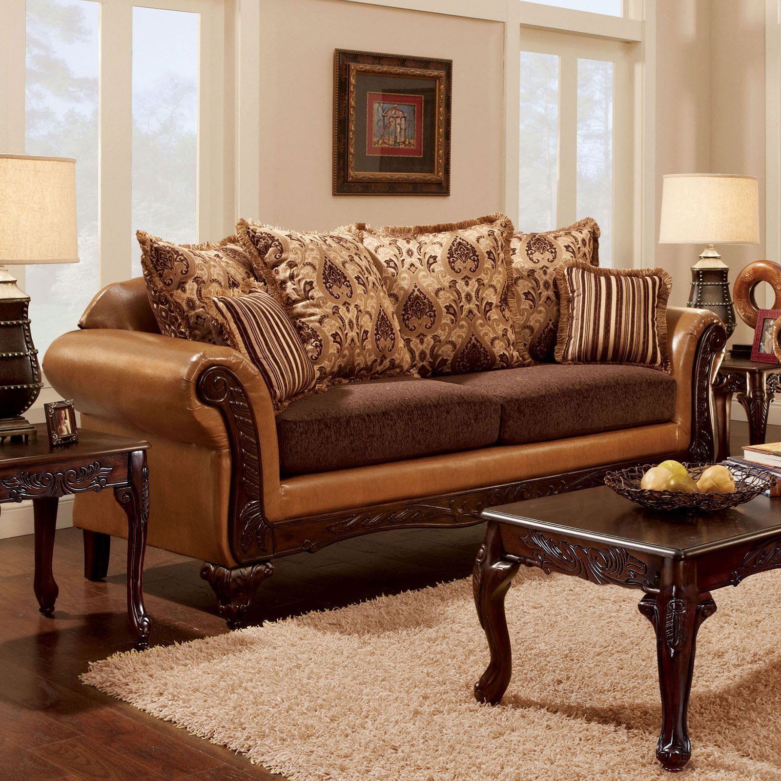 Isabella Traditional 2 Tone Sofa With Intricate Wood Trim Tone Sofa With Intricate Wood Trim