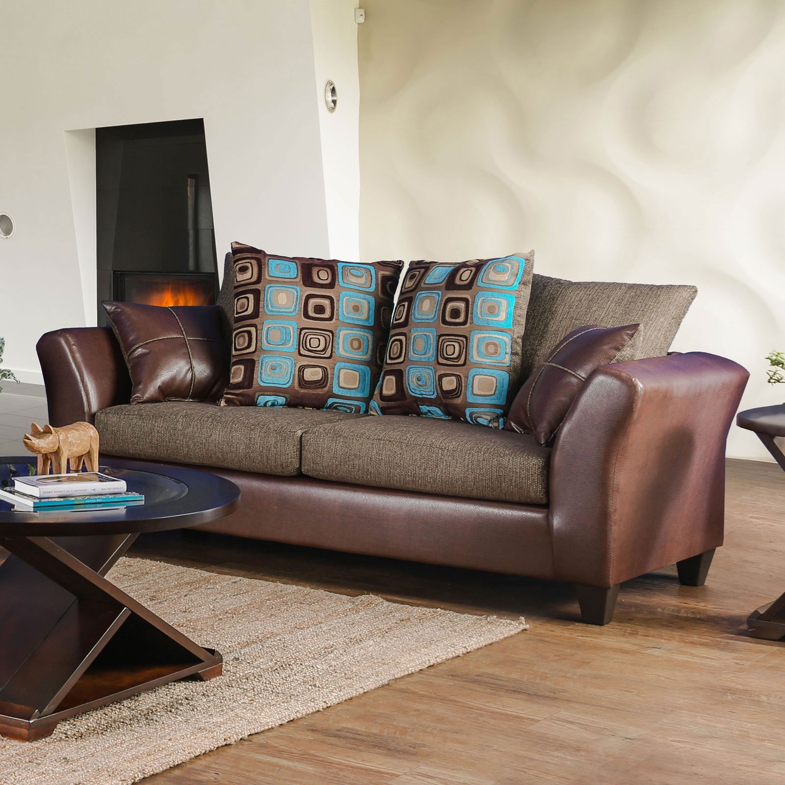 Kaelyn Contemporary Two Tone Sofa With Faux Leather And Ter Pillows By America At Del Sol Furniture