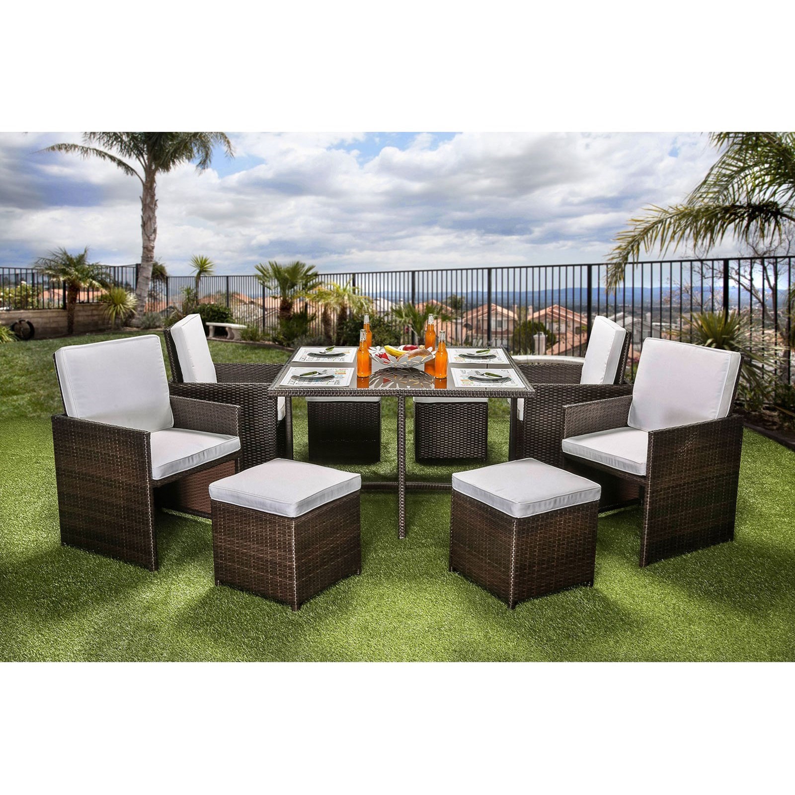 Furniture Of America Foa Keisha Cm Ot2101 Set 9 Piece Outdoor All Weather Wicker Dining Set With Smoky Glass Table And Self Storing Ottomans Del Sol Furniture Outdoor Dining Sets