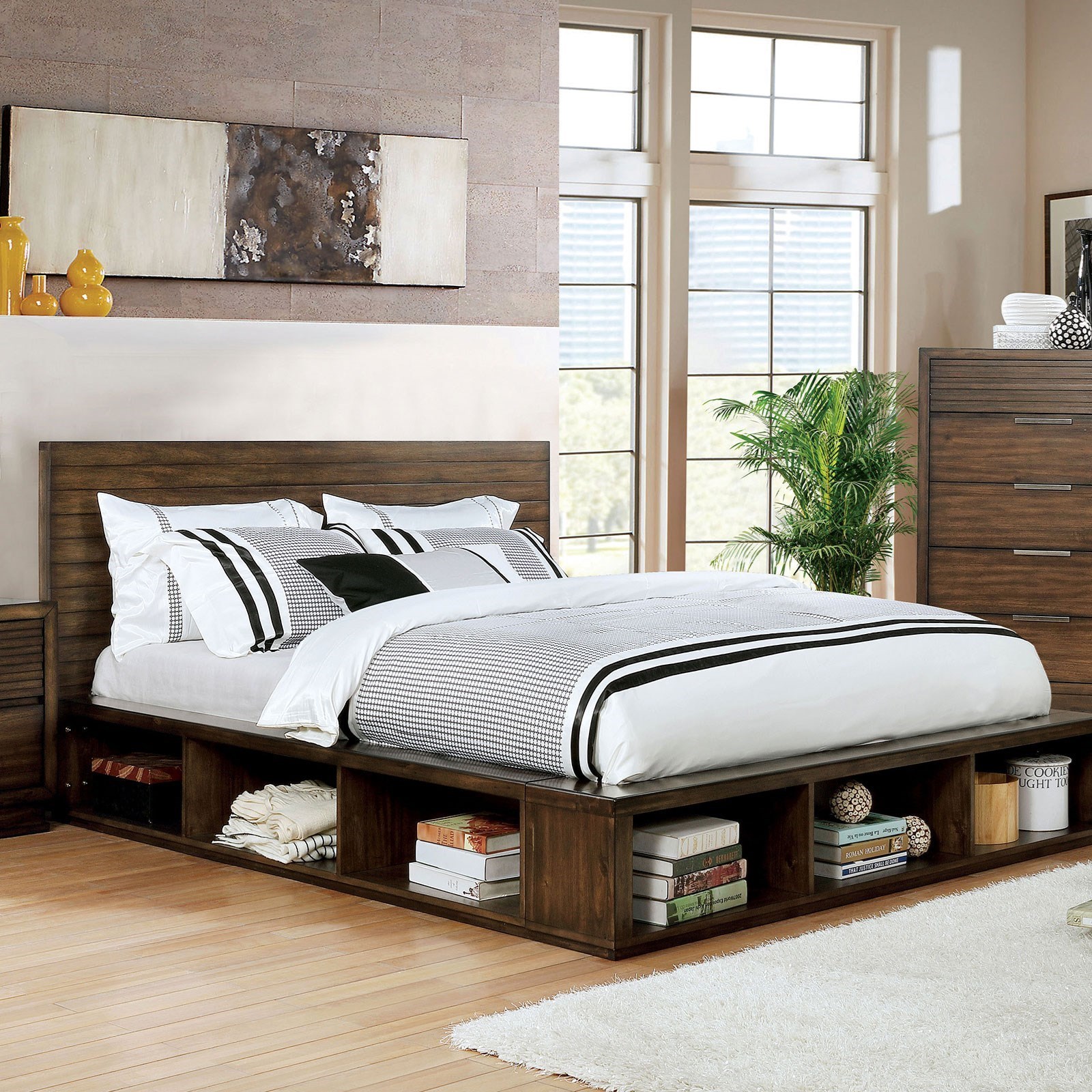 Furniture Of America Torino Cm7543q Bed Rustic Queen Storage Bed With Slatted Headboard Corner Furniture Panel Beds