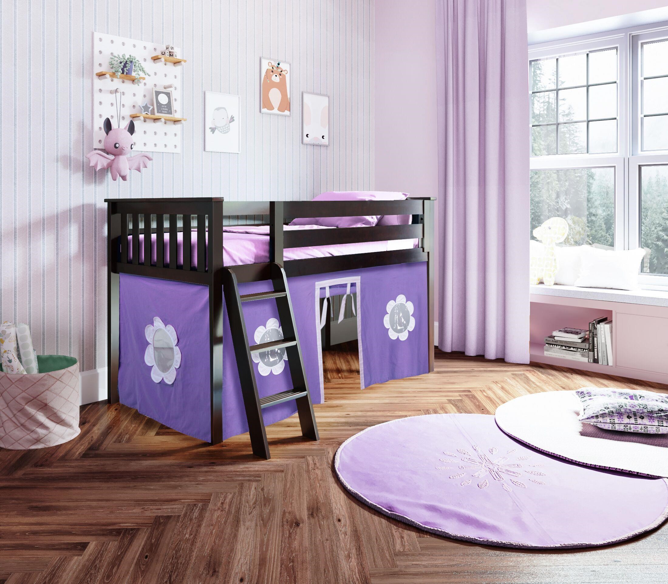 Jackpot Kids Loft Beds York3-005 York 3 Low Loft Bed in Espresso w/Angle  Ladder w/Curtains in Purple/White | Belfort Furniture | Loft Beds, image size:2200x1926