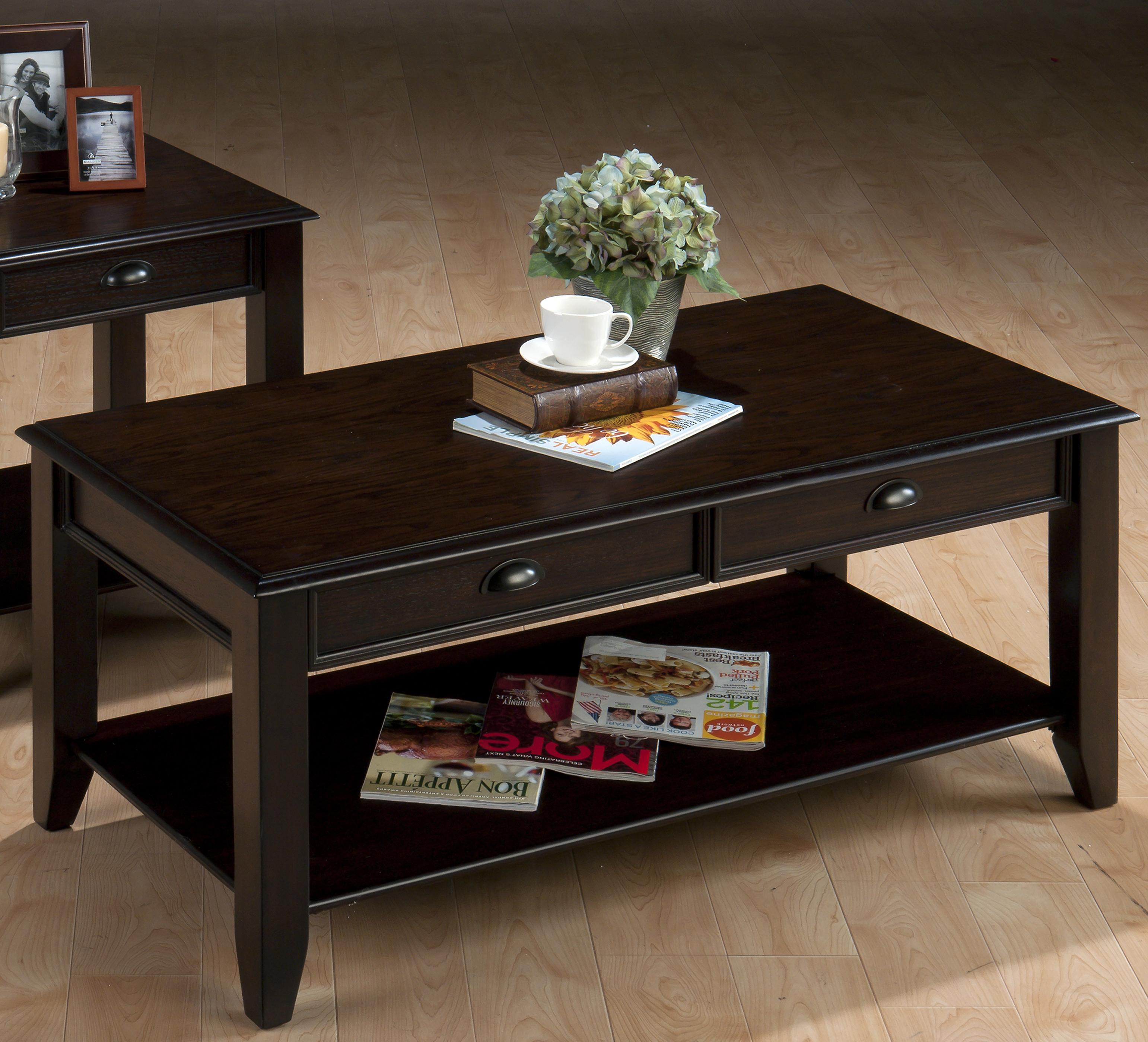 Jofran Bartley Oak Casual Cocktail Table with Two Drawers and One Shelf