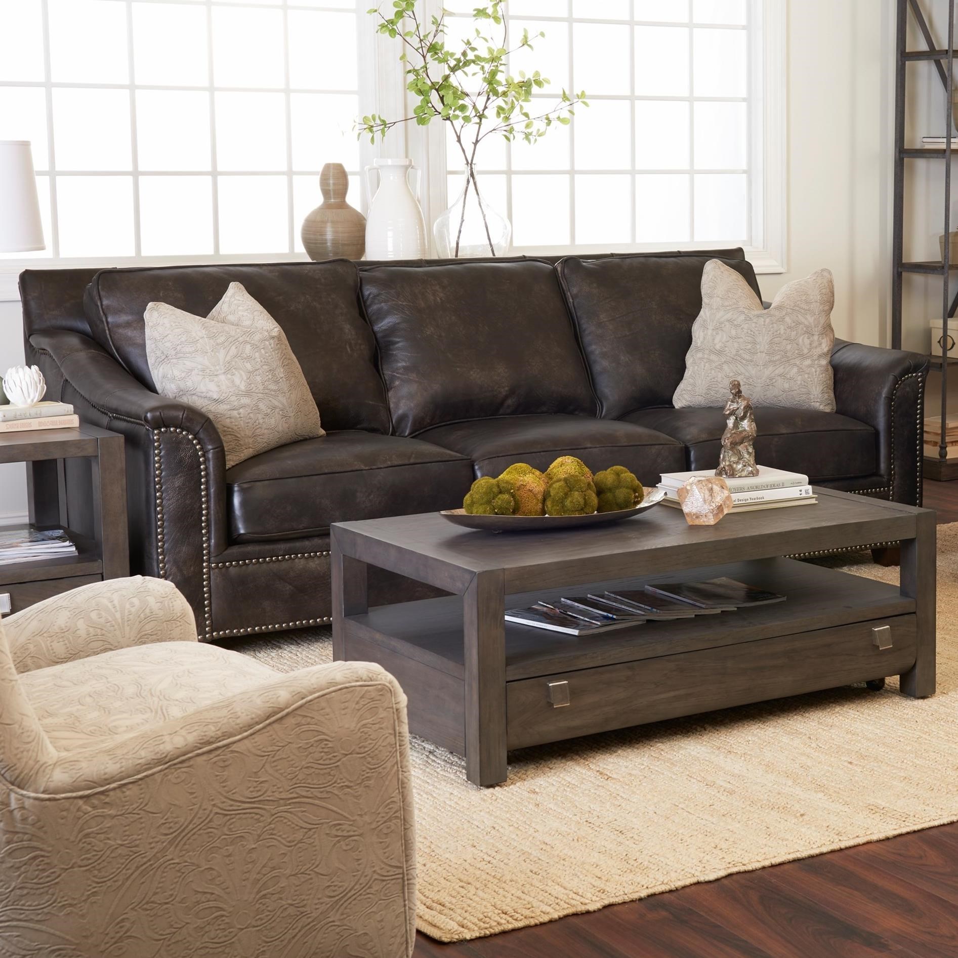 Klaussner Wilkesboro Leather Sofa With Nailhead Studs And Pillows