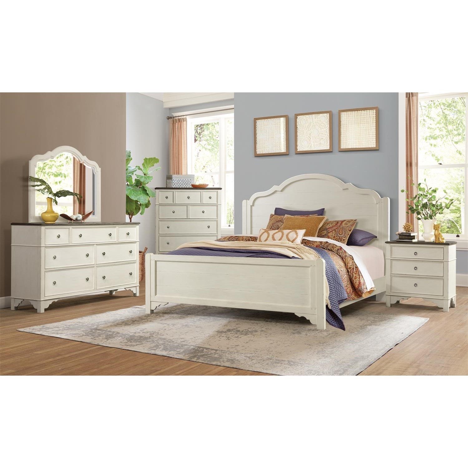 Riverside Furniture Grand Haven Cottage Queen Panel Bed with Decorative Hand-Chiseled Headboard ...