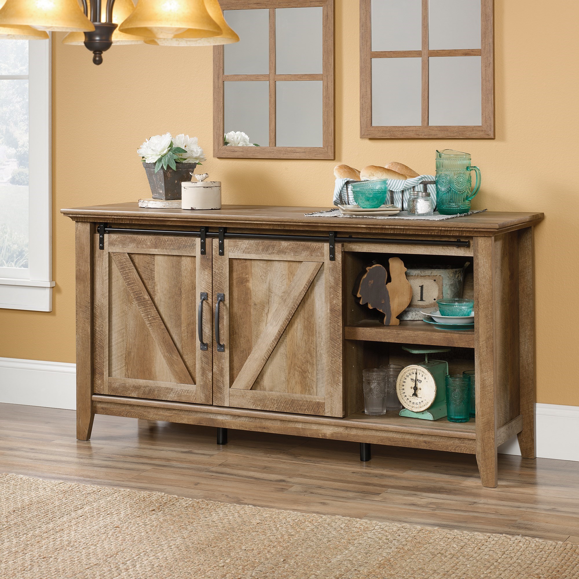 Sauder Dakota Pass Rustic Finish Credenza/TV Stand with Barn Doors Darvin Furniture TV Stands