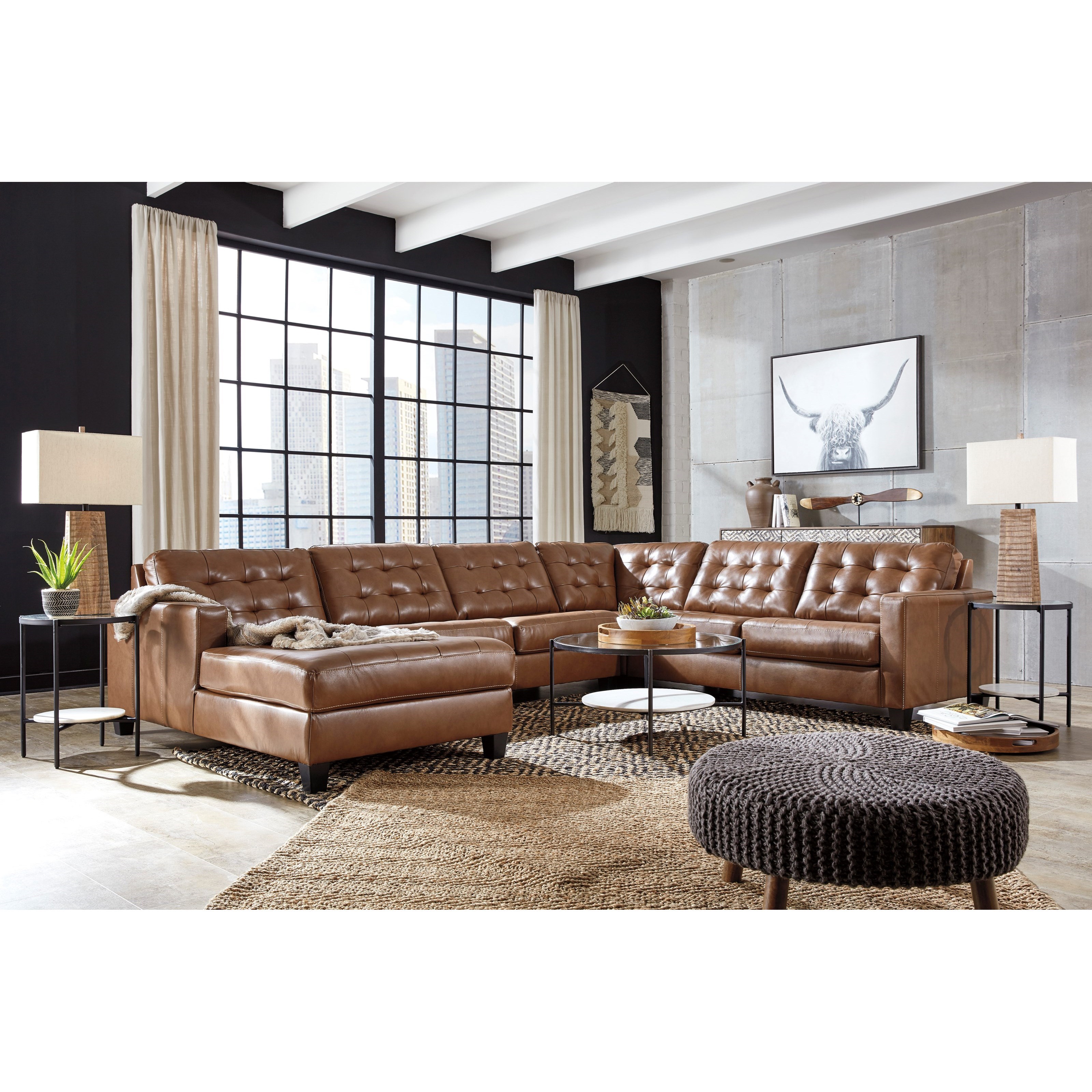Signature Design by Ashley Baskove Leather Match 4-Piece Sectional with Chaise and Tufting | A1 ...
