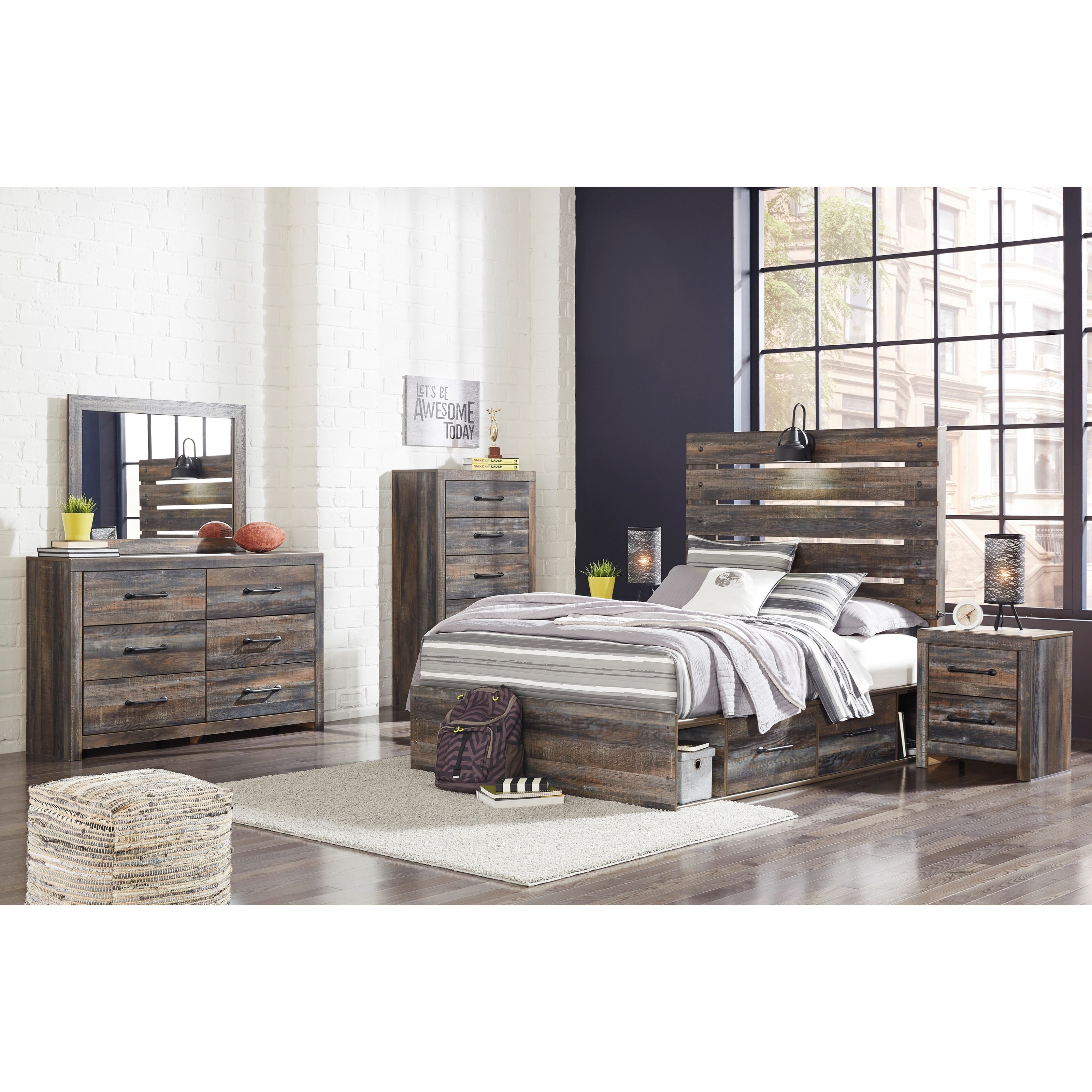 Signature Design by Ashley Drystan Rustic Full Storage Bed with 2 Drawers & Industrial Light ...