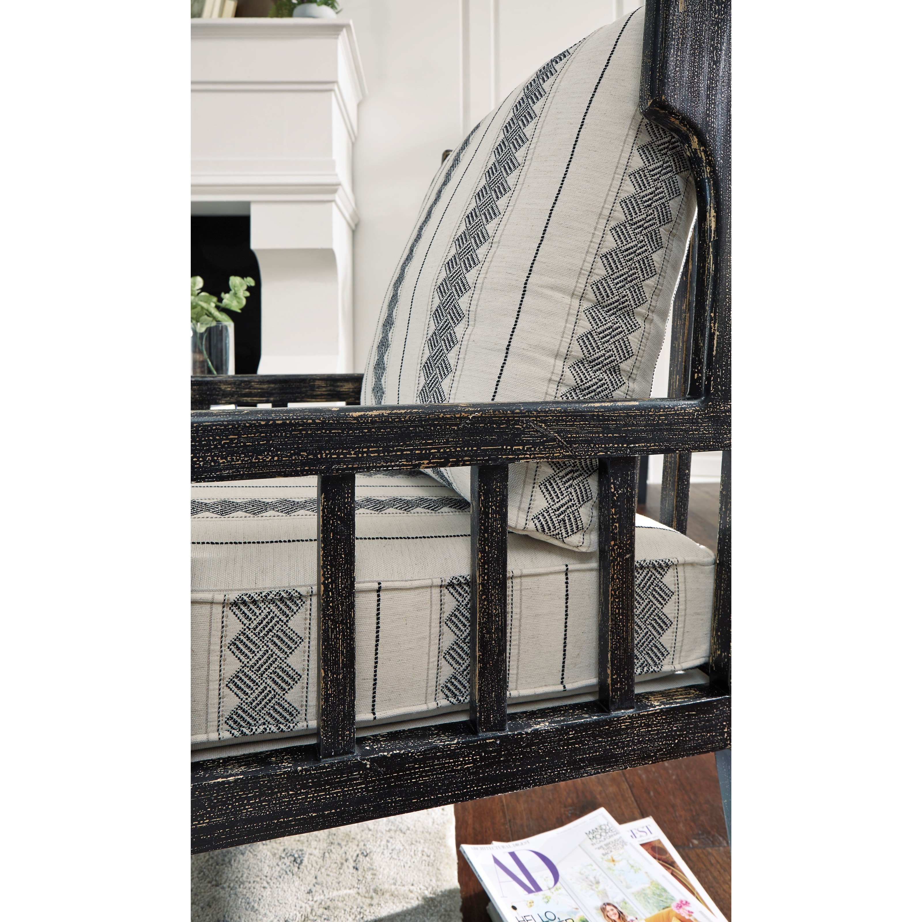 Signature Design by Ashley Kelanie Distressed Black Wood Accent Chair with Wing Back and Loose ...