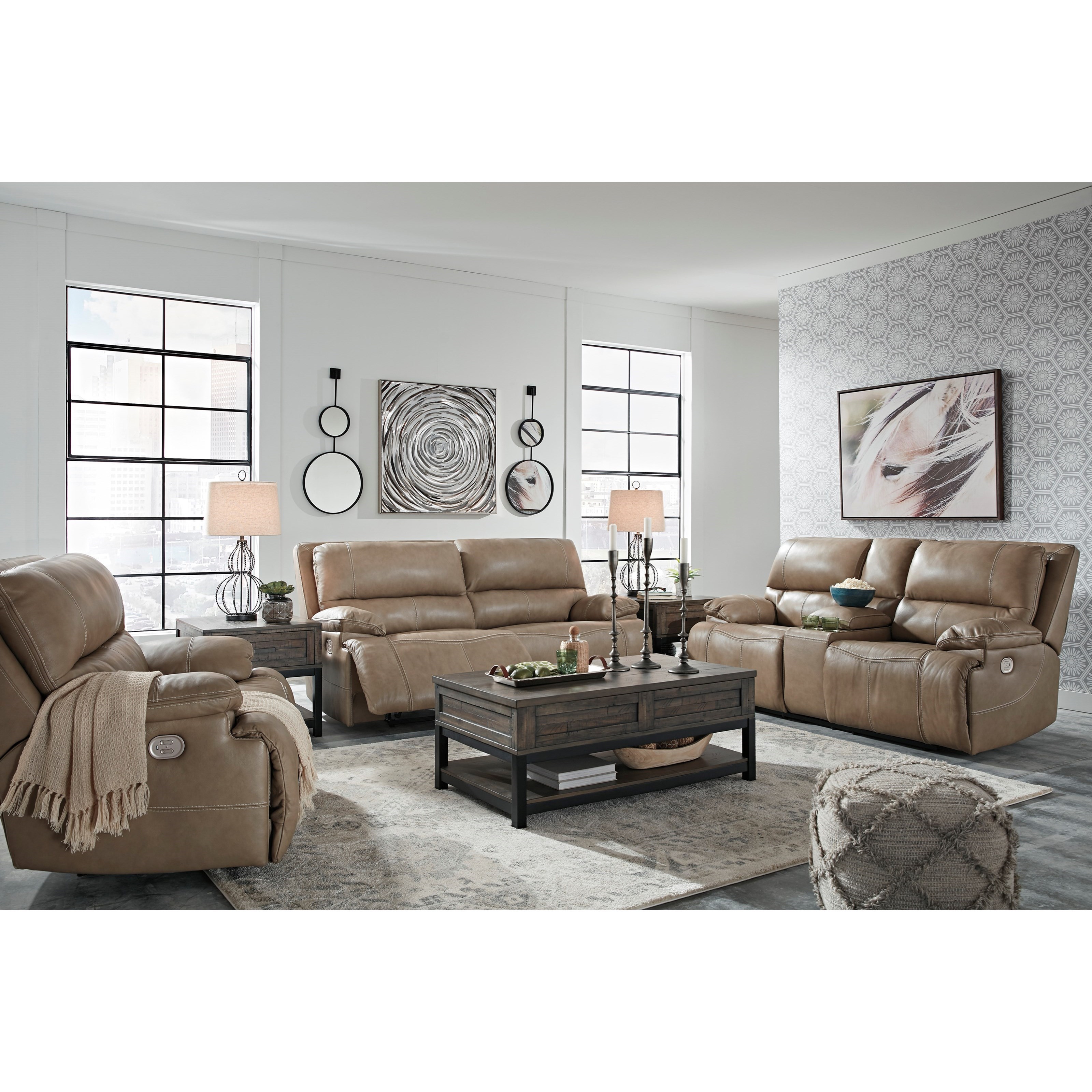 Signature Design by Ashley Ricmen U4370218 Leather Match Power Reclining Loveseat w/ Adj ...