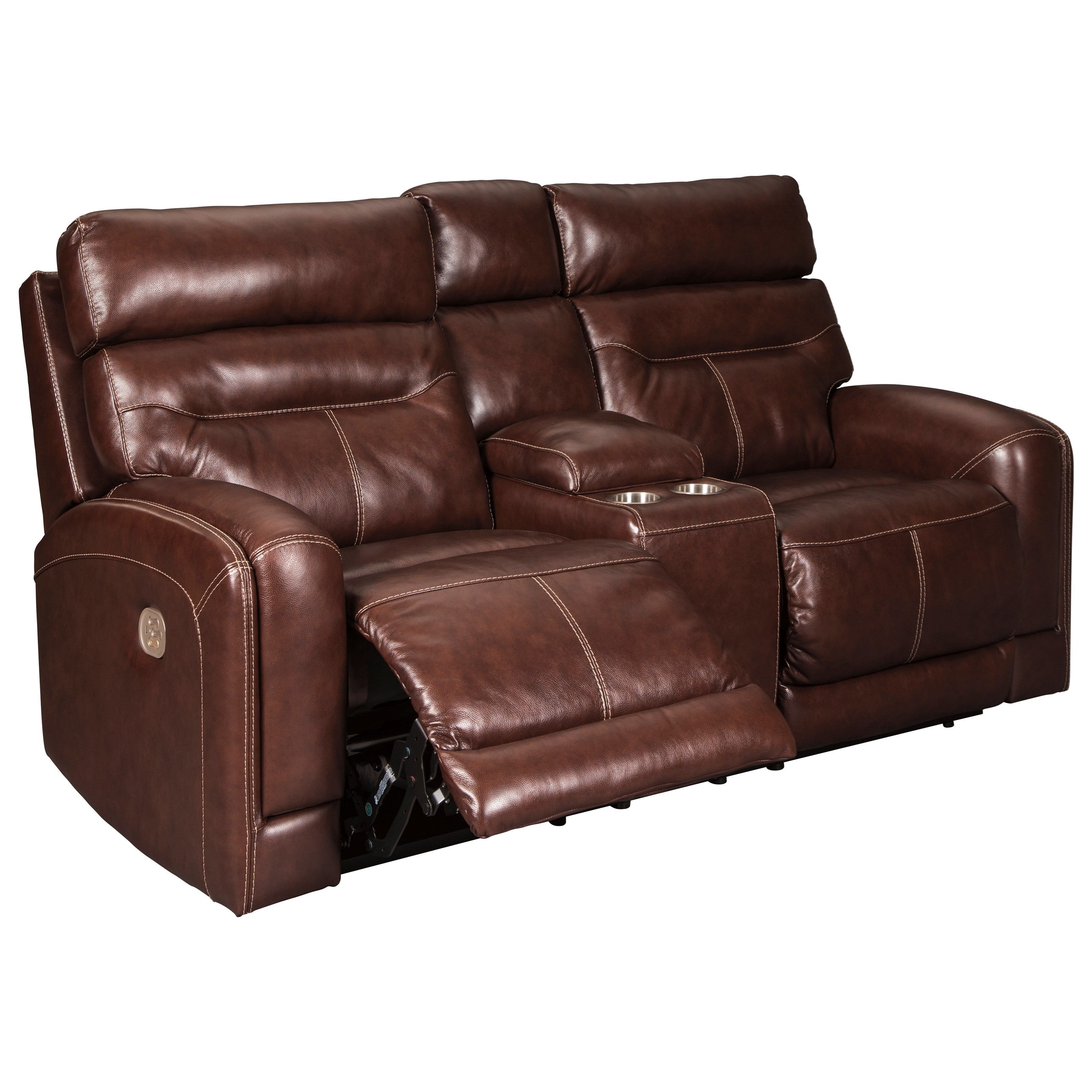 Signature Design by Ashley Sessom Leather Match Power Reclining Loveseat w/ Console & Adjustable ...