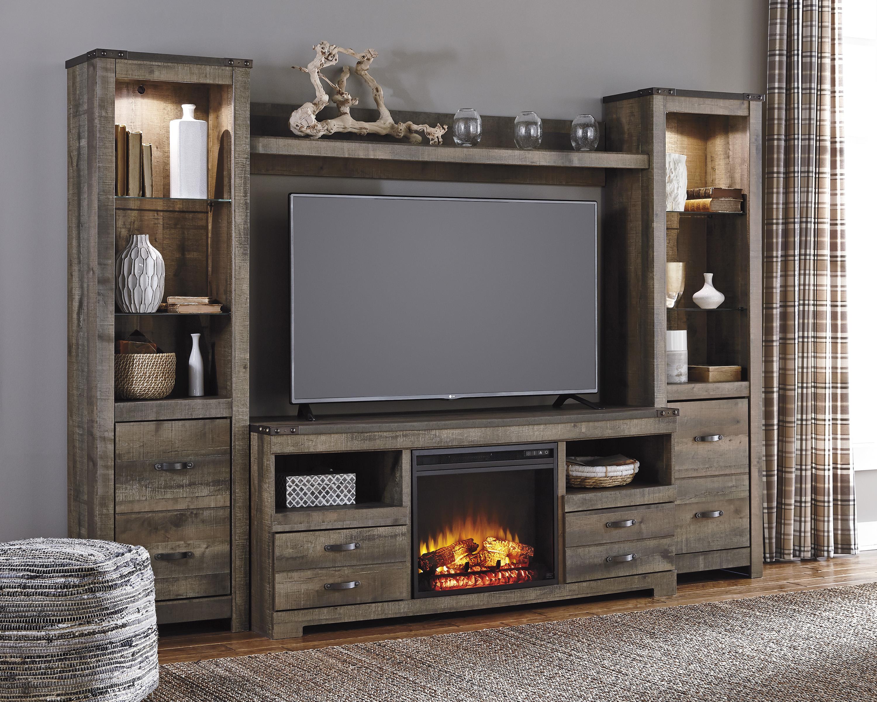 Signature Design by Ashley Trinell Rustic Large TV Stand w/ Fireplace