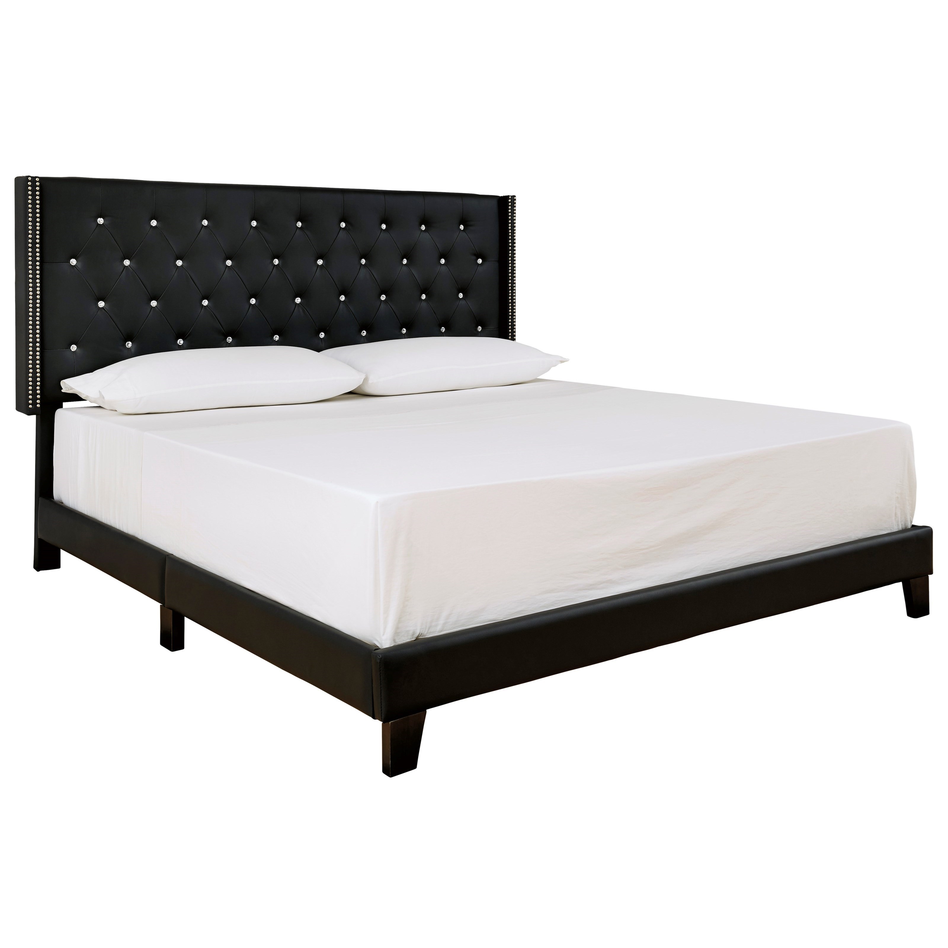 Signature Design By Ashley Vintasso King Upholstered Bed With Black Faux Leather Tufted Wing Back Headboard Royal Furniture Upholstered Beds