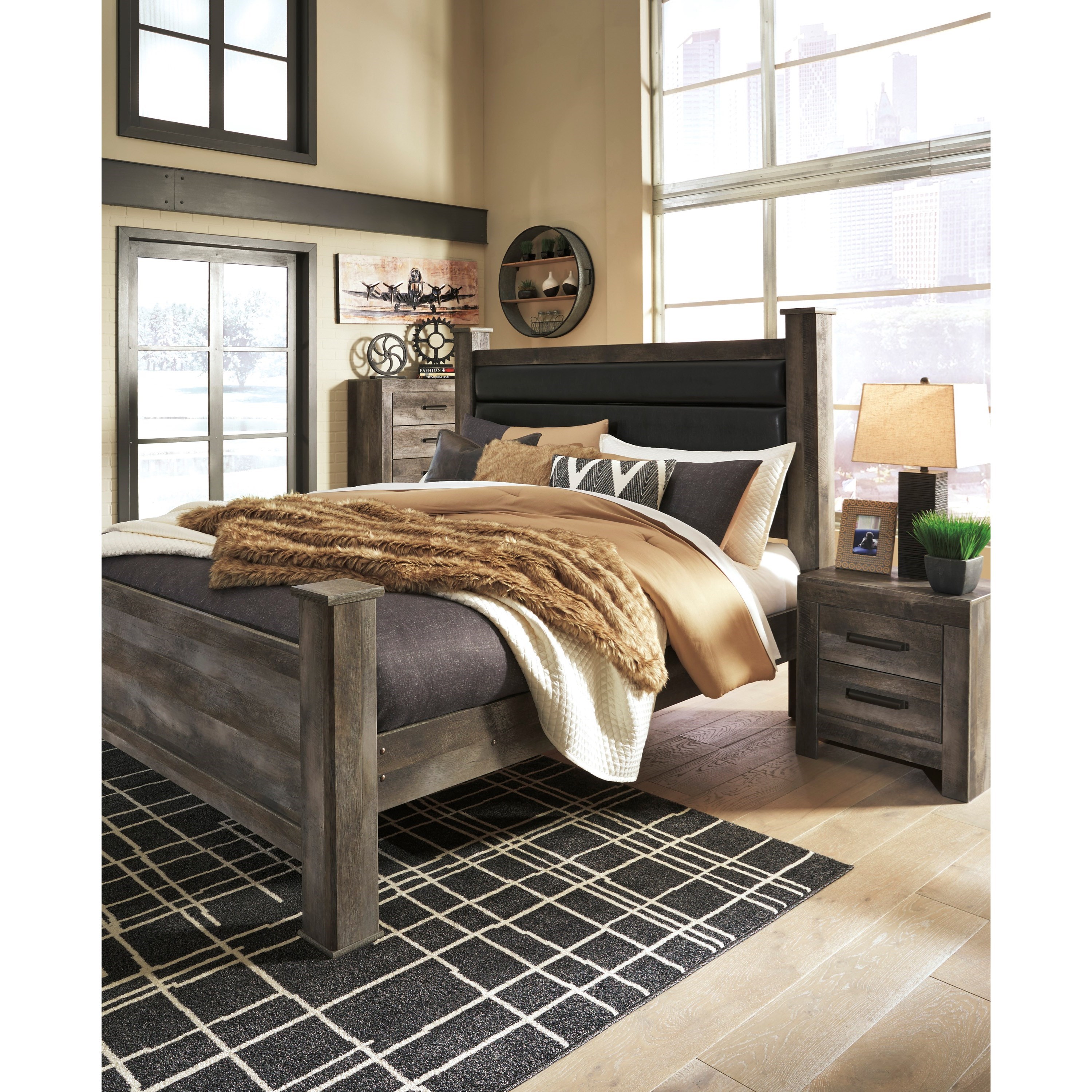 Signature Design by Ashley Wynnlow Queen Rustic Poster Bed with Upholstered Headboard | A1 ...