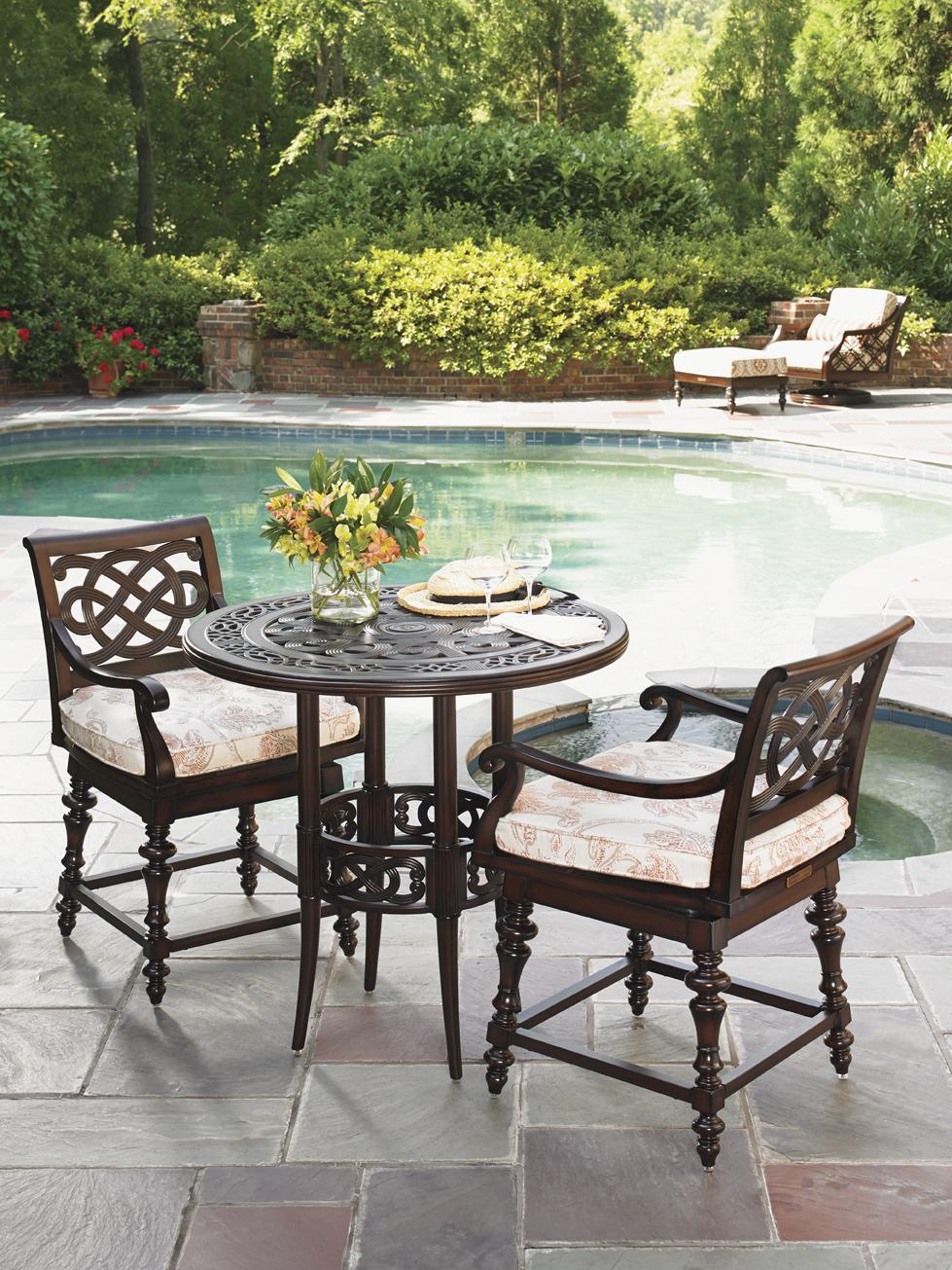 bistro patio table and chairs set on Tommy Bahama Outdoor Living Black Sands 3235 873ct 873bb 2x17sw Cs3235 17sw Outdoor Bistro Dining Set With 2 Swivel Counter Height Stools Baer S Furniture Outdoor Bistro Dining Sets