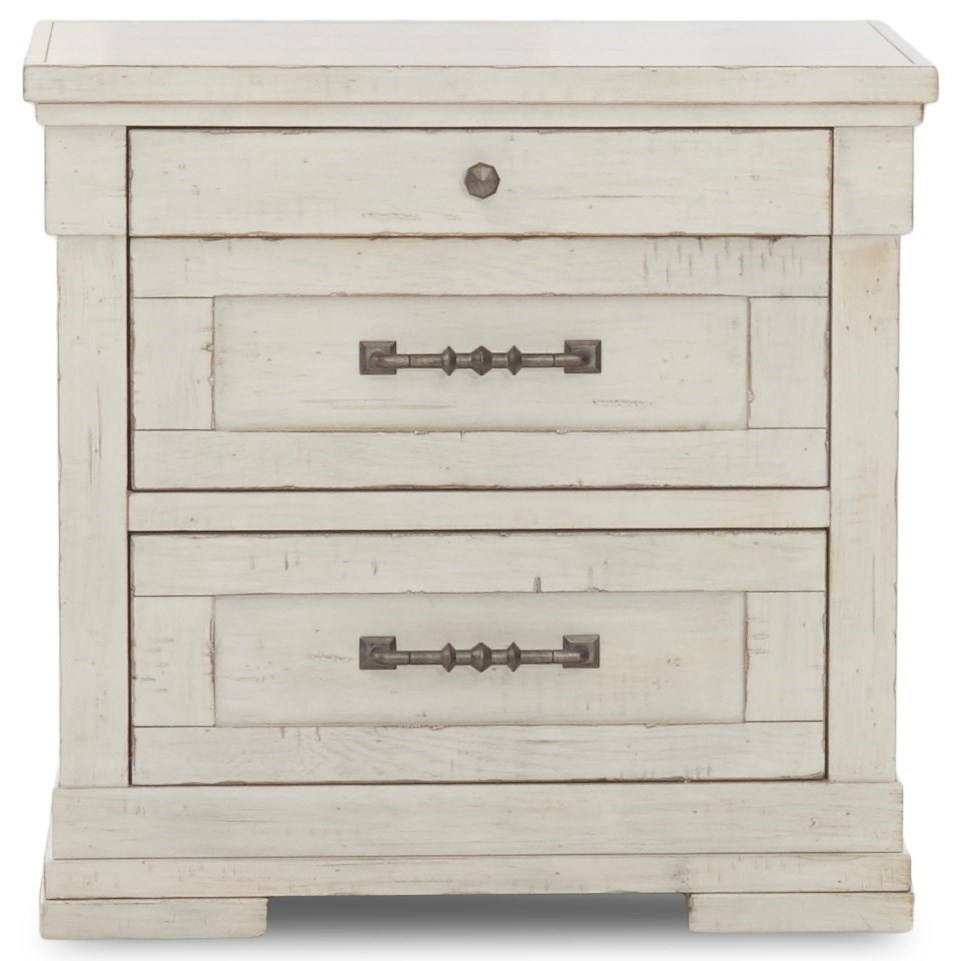 Trisha Yearwood Home Collection By Klaussner Coming Home Cozy Three Drawer Nightstand With Power Strip And Wire Management Royal Furniture Nightstands