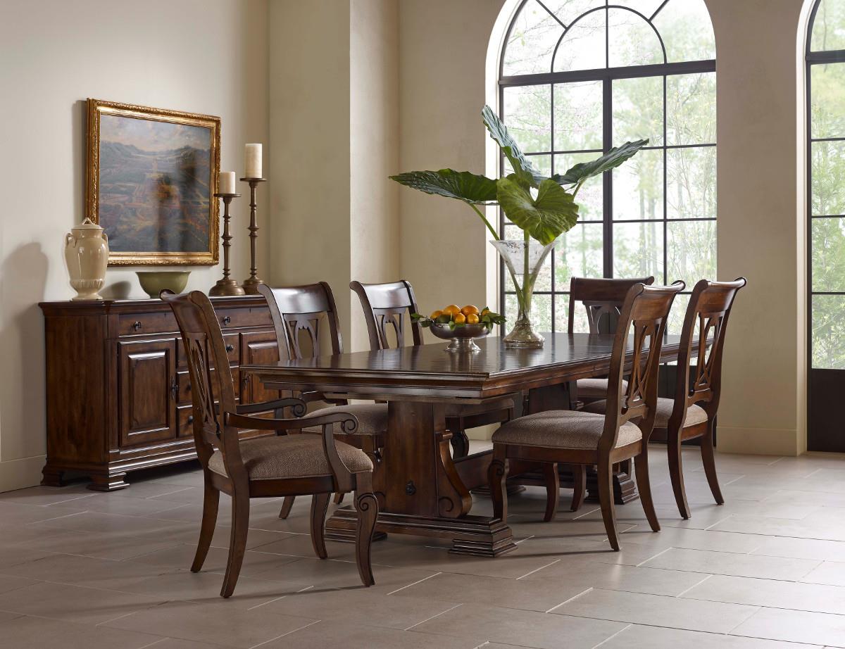 Kincaid Furniture Portolone 95054P Portolone Solid Wood Trestle Table with Two Extension Leaves