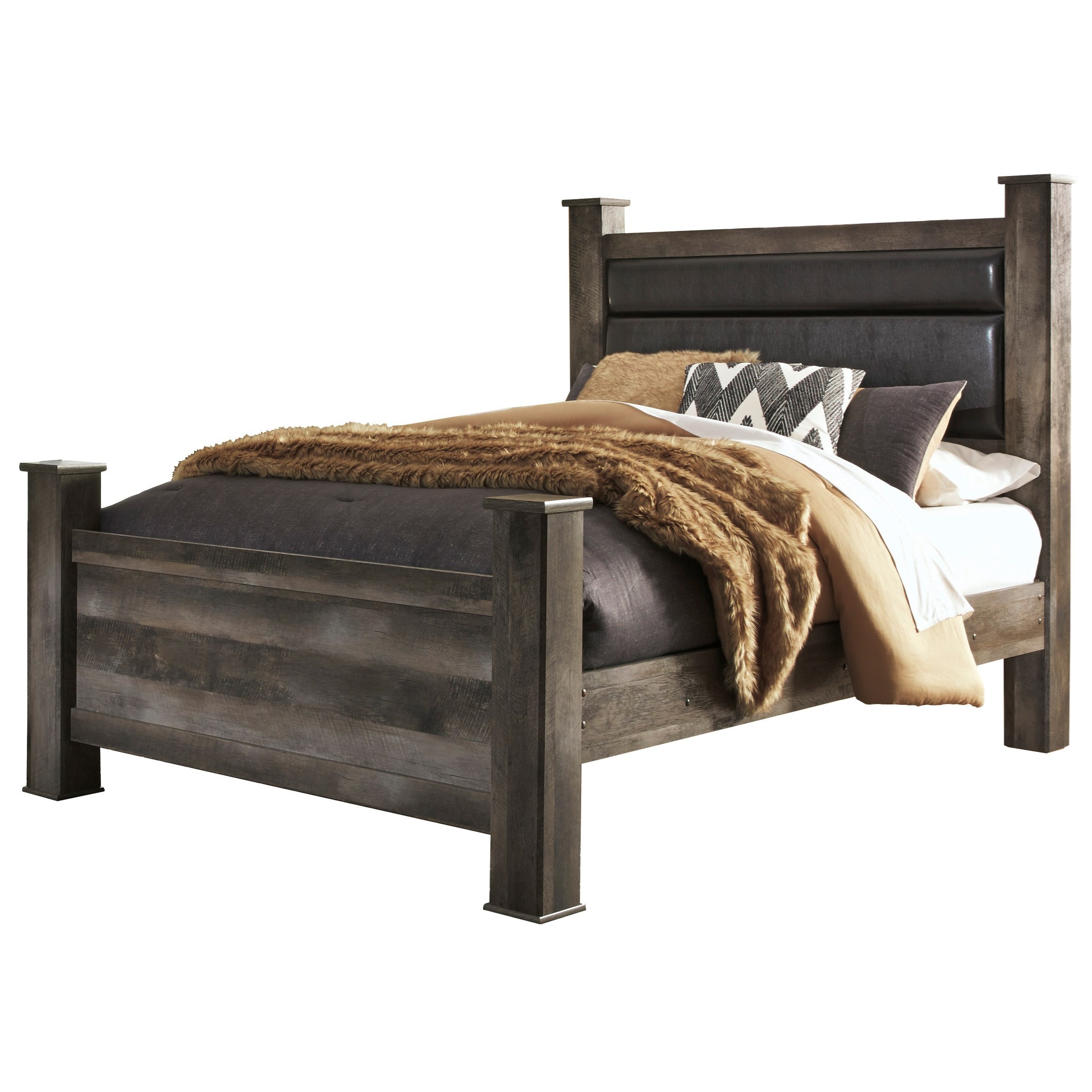 Signature Design by Ashley Wynnlow Queen Rustic Poster Bed with Upholstered Headboard | A1 ...