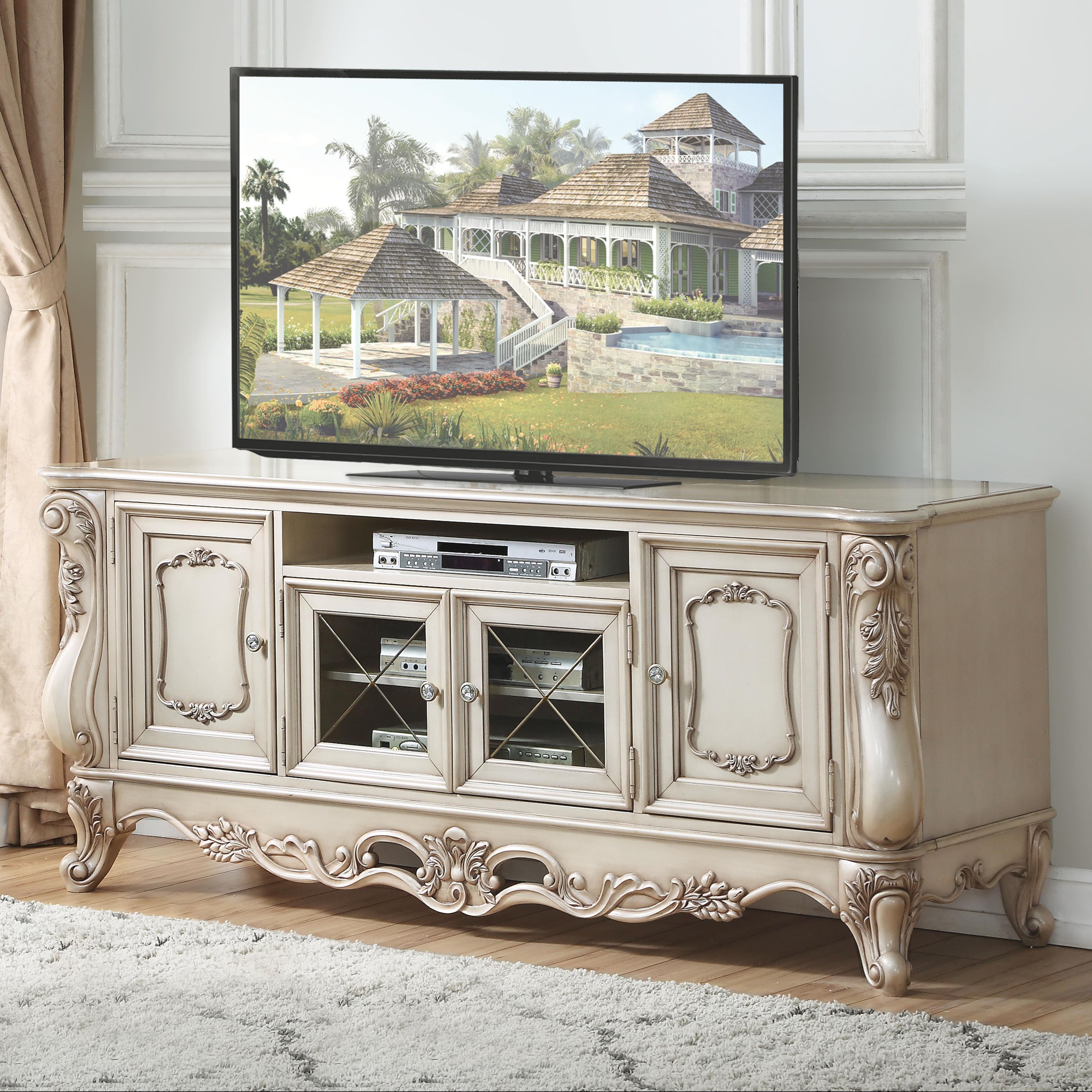 Acme Furniture Gorsedd 91443 Traditional 4Door Antique White TV Stand Del Sol Furniture TV