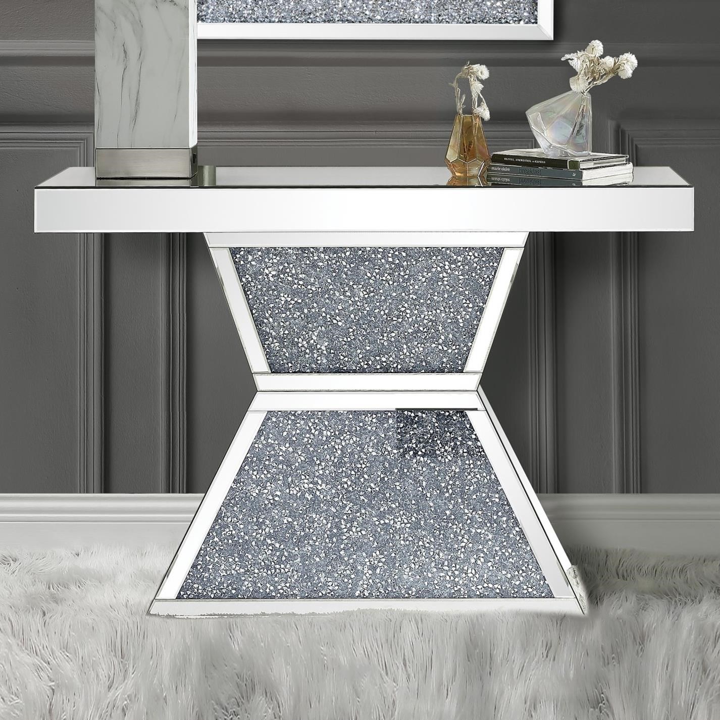 Acme Furniture Noralie Glam Mirrored Console Table with Faux Diamond