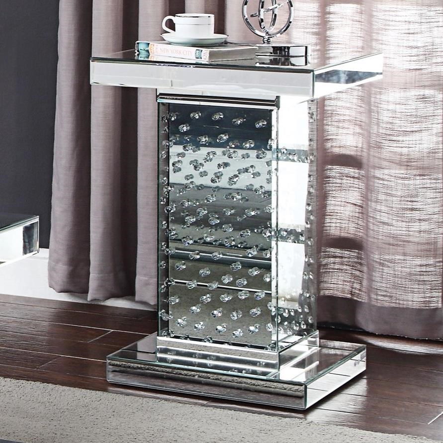 Acme Furniture Nysa Glam Mirrored End Table with Faux Crystal Accents