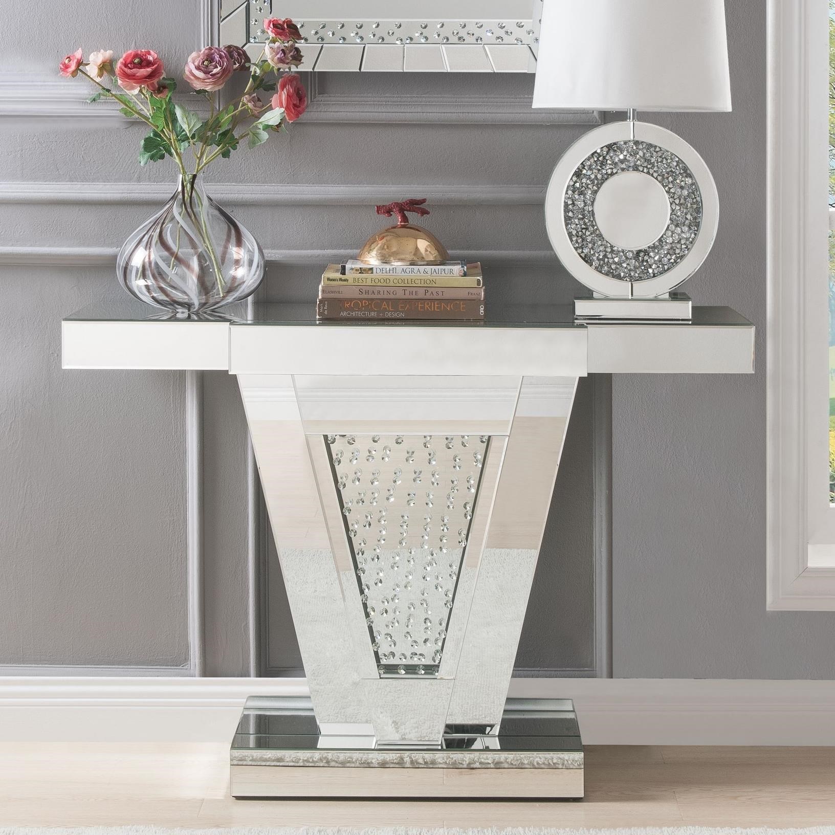 Acme Furniture Nysa Glam Mirrored Console Table with Faux Crystal Inlay
