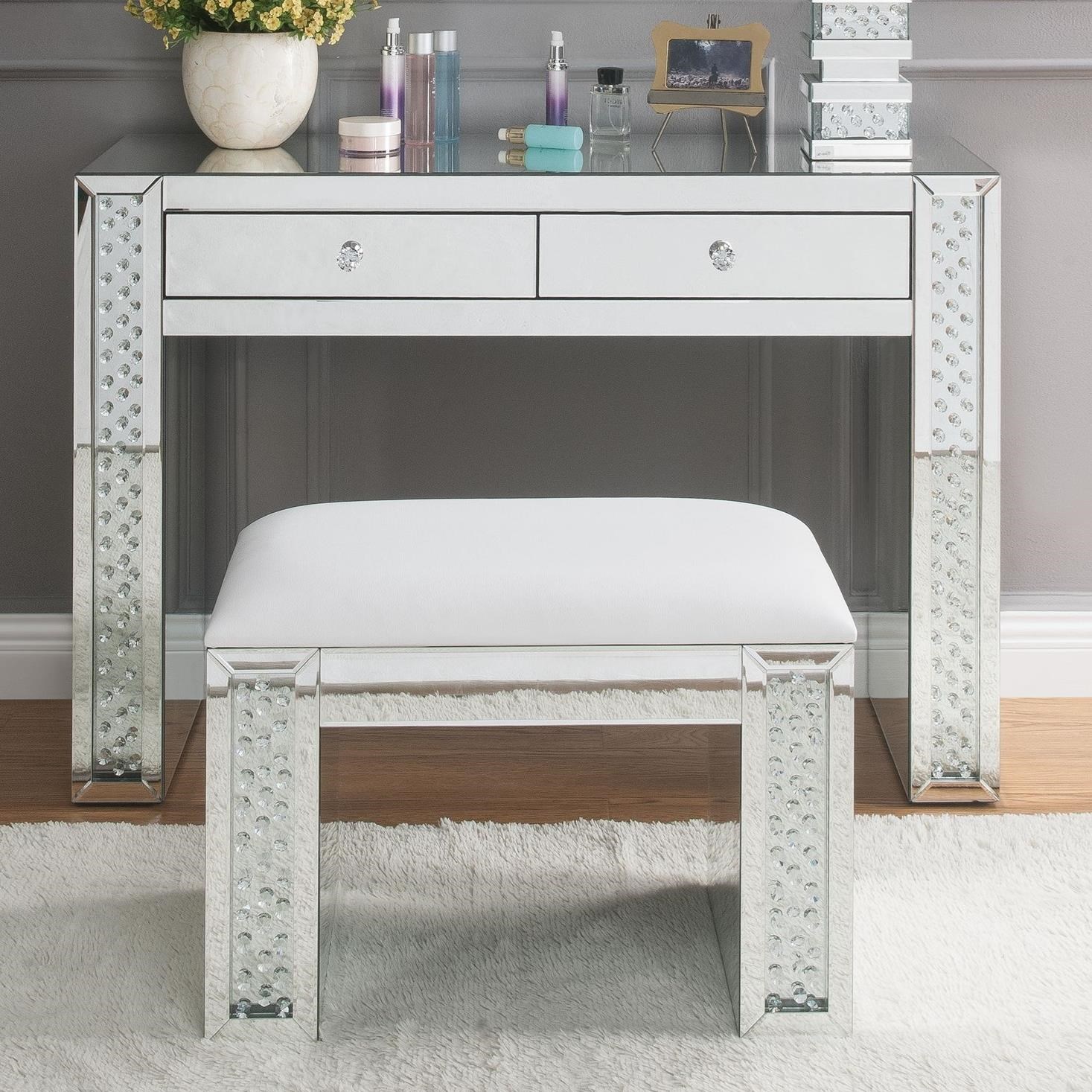 Acme Furniture Nysa Glam Mirrored Vanity Desk with Faux Crystal Inlay