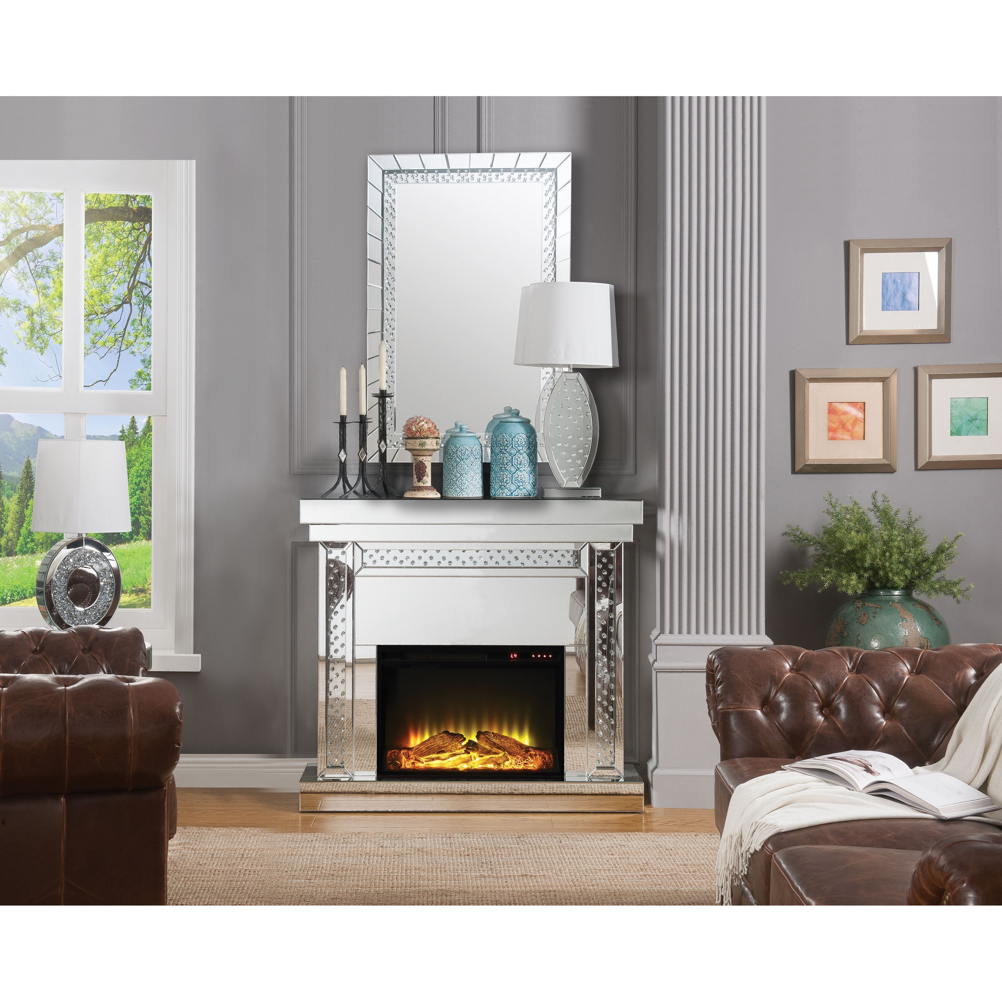 Acme Furniture Nysa Glam LED Electric Fireplace with Faux Crystal Insert Dream Home Interiors