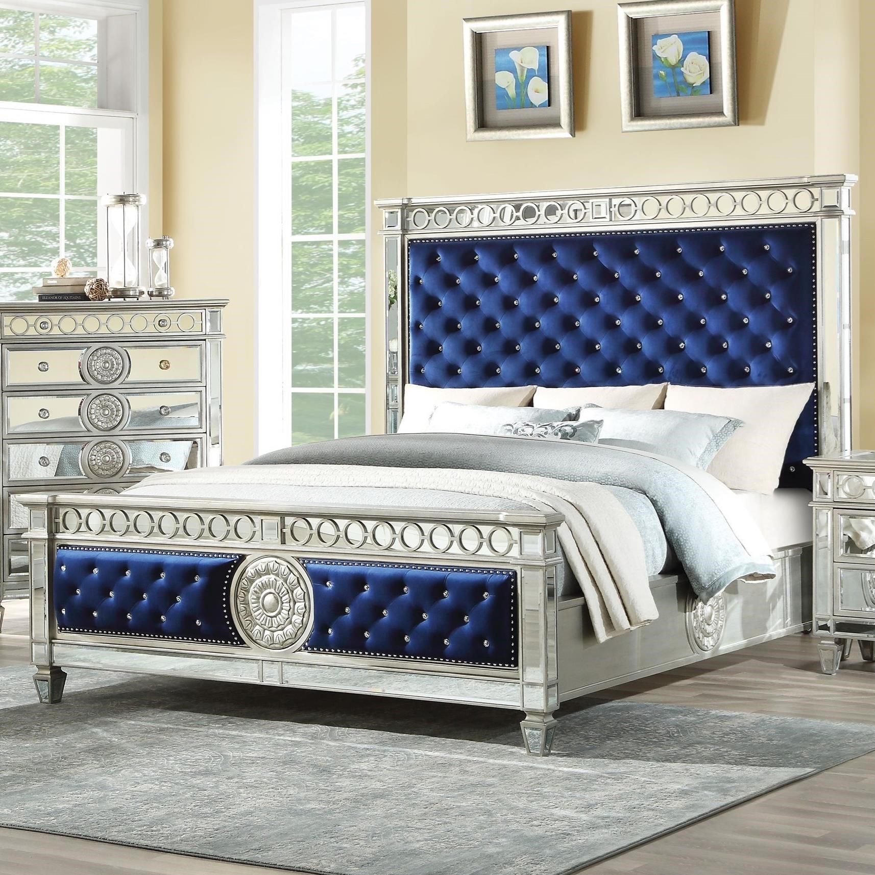Acme Furniture Varian Glam Tufted California King Bed with Mirror Trim