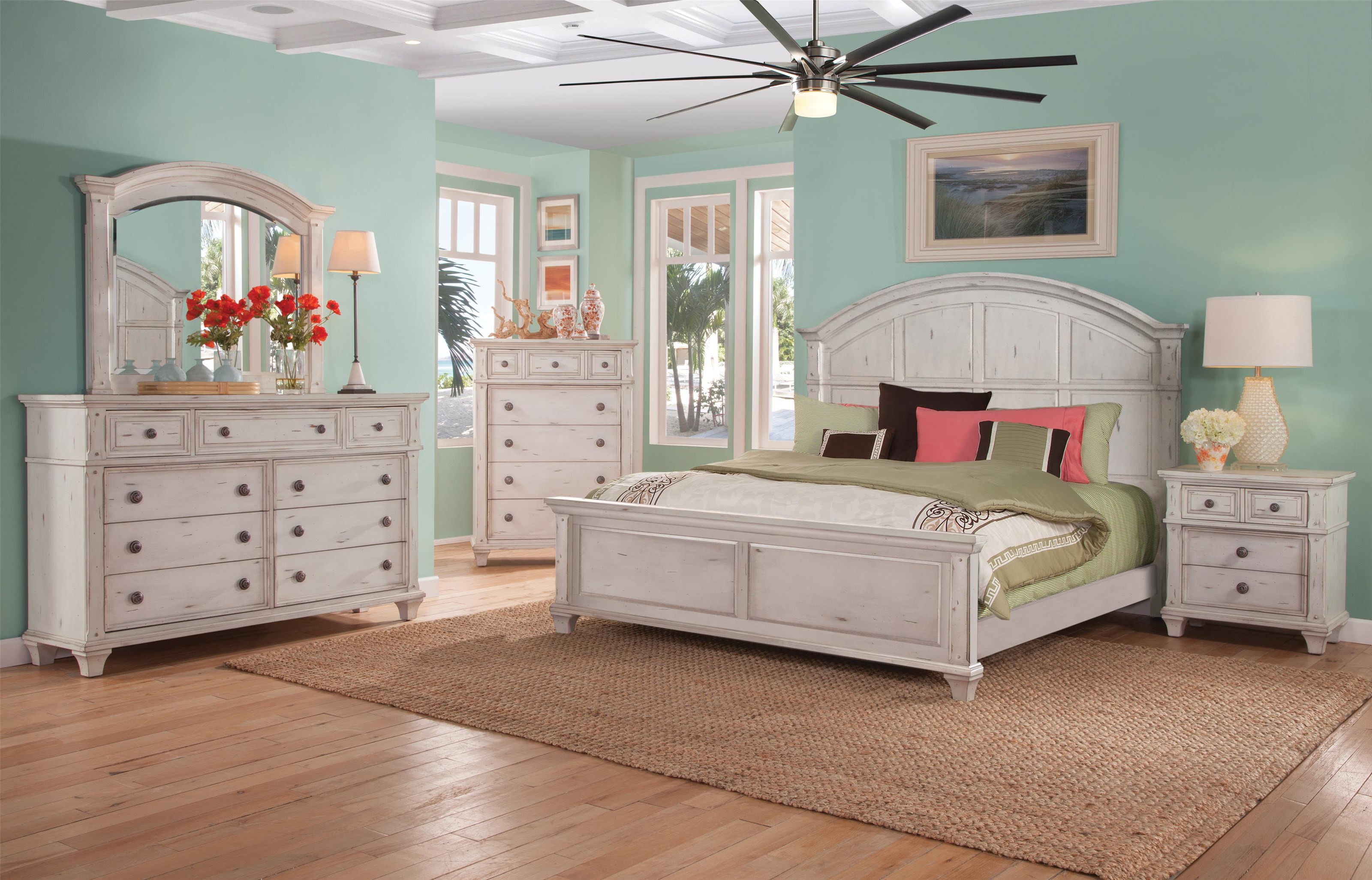 American Woodcrafters Sedona Queen Panel Bed, Dresser, Mirror, Nightstand in Cobblestone White