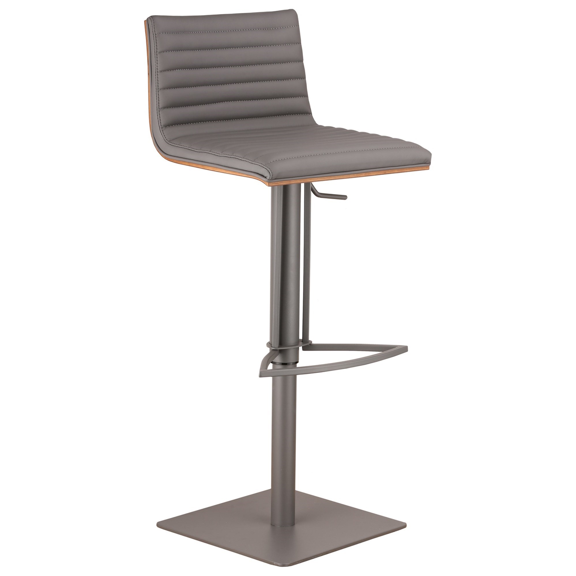 Cafe Adjustable Swivel Metal Barstool in Gray Faux Leather with Walnut